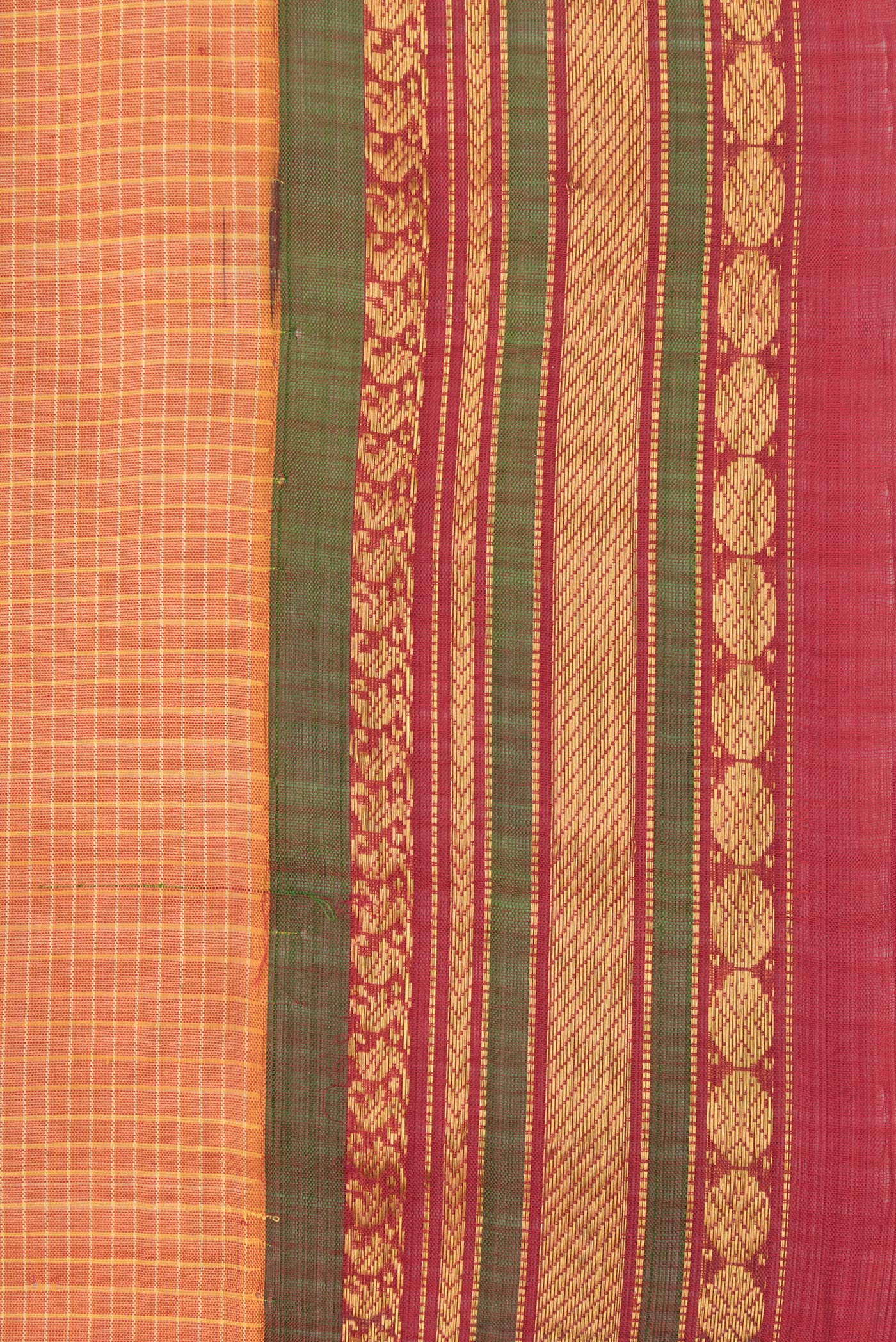 Border image of Orange Dual Tone Gadwal Silk Saree with Checked design on the body and Zari Border. 
