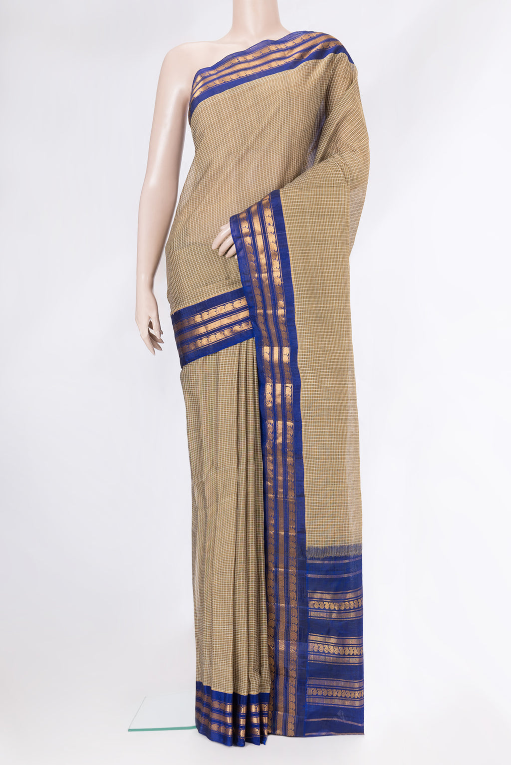 Mehandi Green Dual Tone Gadwal cotton Saree with Checked design on the body and Zari Border.  displayed on a mannequin