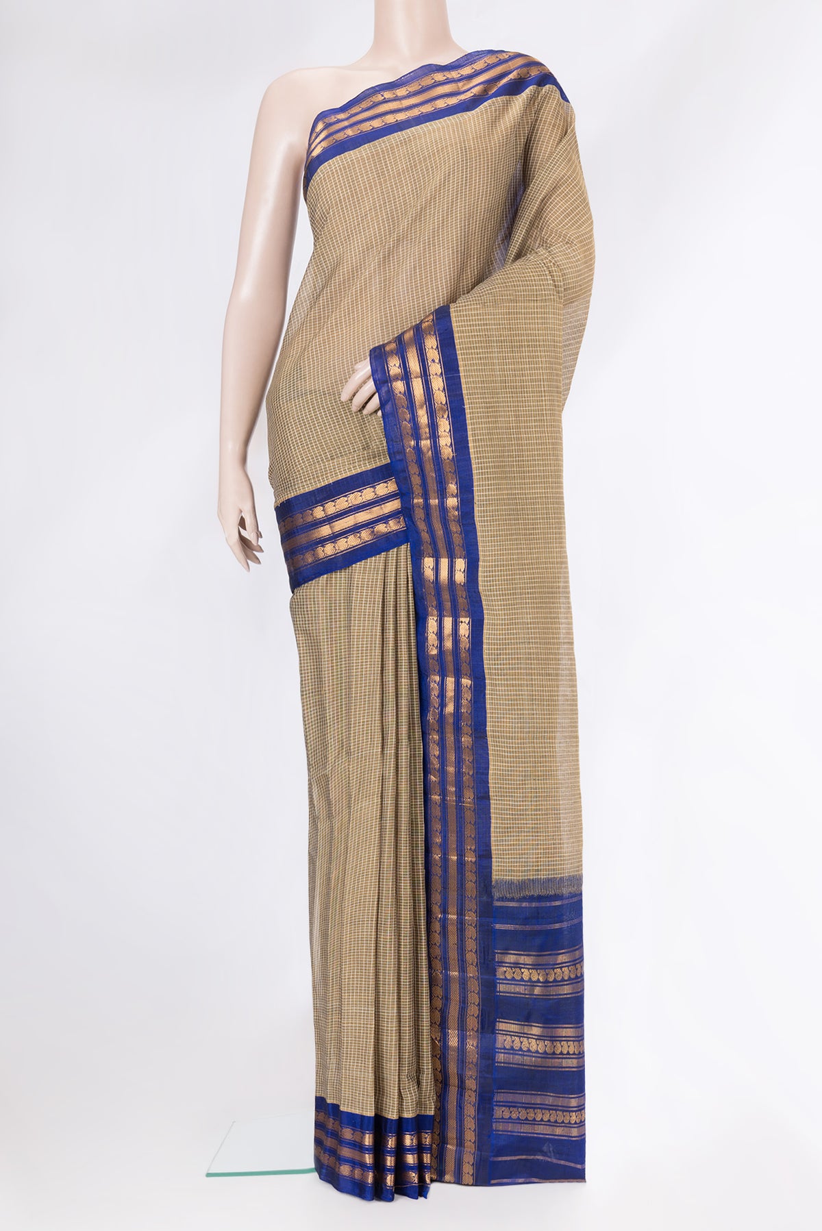 Mehandi Green Dual Tone Gadwal cotton Saree with Checked design on the body and Zari Border.  displayed on a mannequin