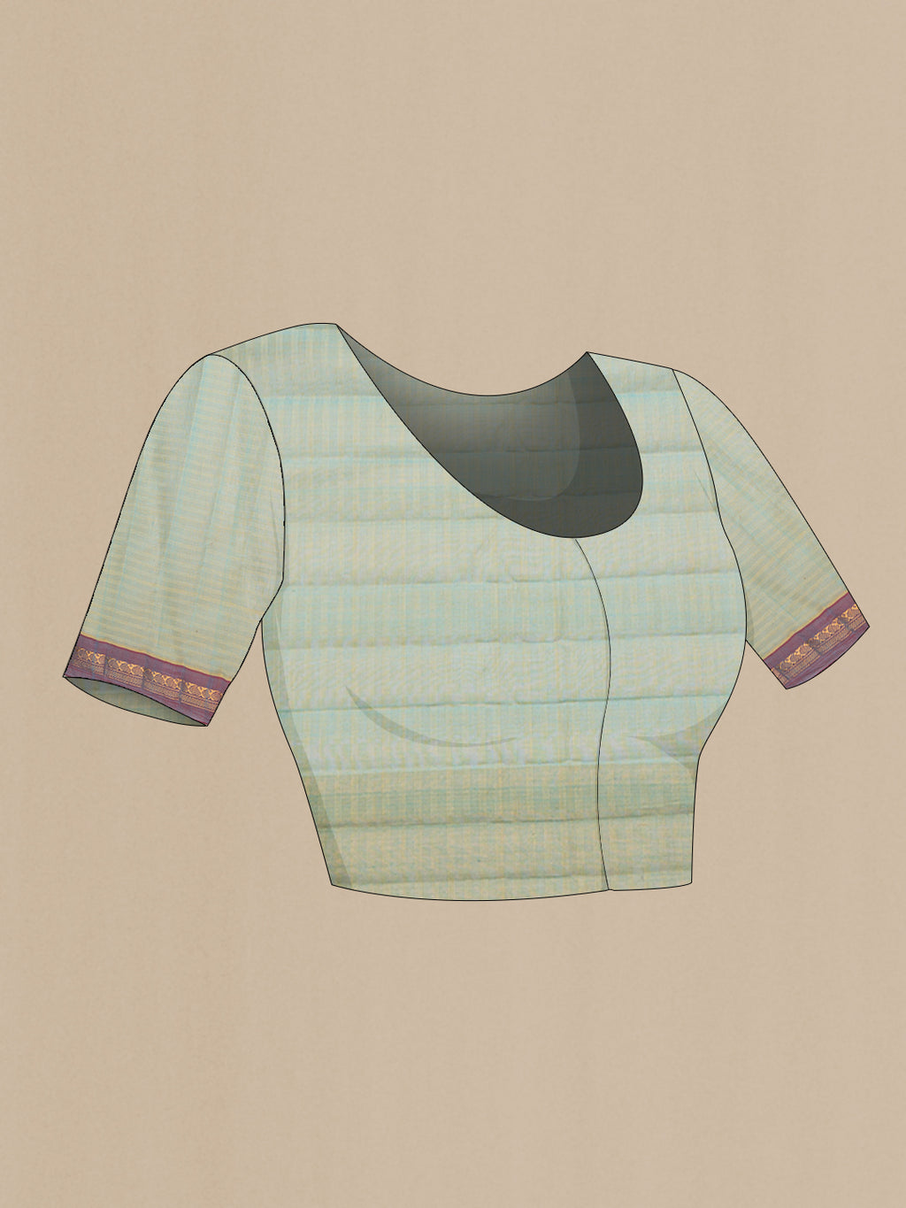 Close up image of the blouse of Pista Green Dual Tone Gadwal cotton Saree with Stripes on the body and Zari Border. 