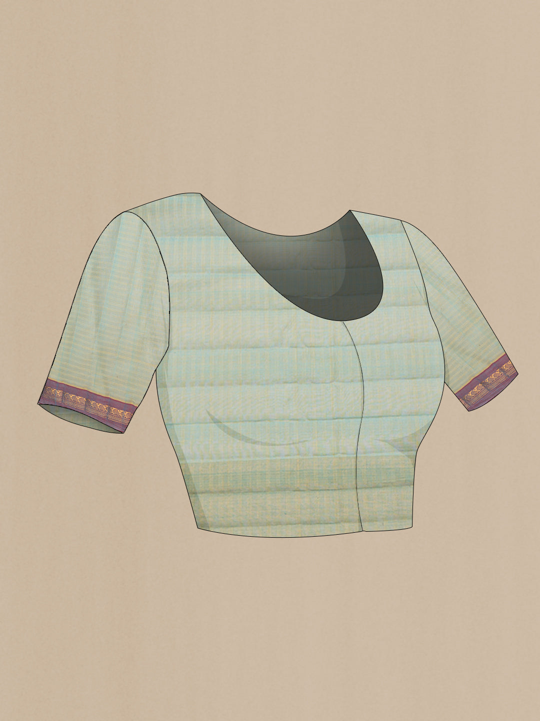 Close up image of the blouse of Pista Green Dual Tone Gadwal cotton Saree with Stripes on the body and Zari Border. 