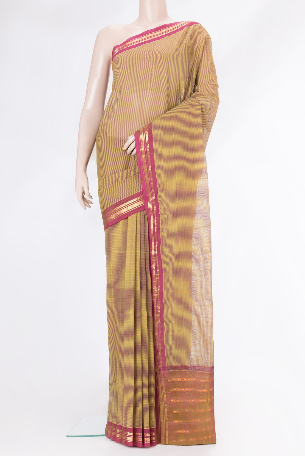 Mehandi Green Dual Tone Gadwal Silk Saree with Stripes on the body and Zari Border.  displayed on a mannequin