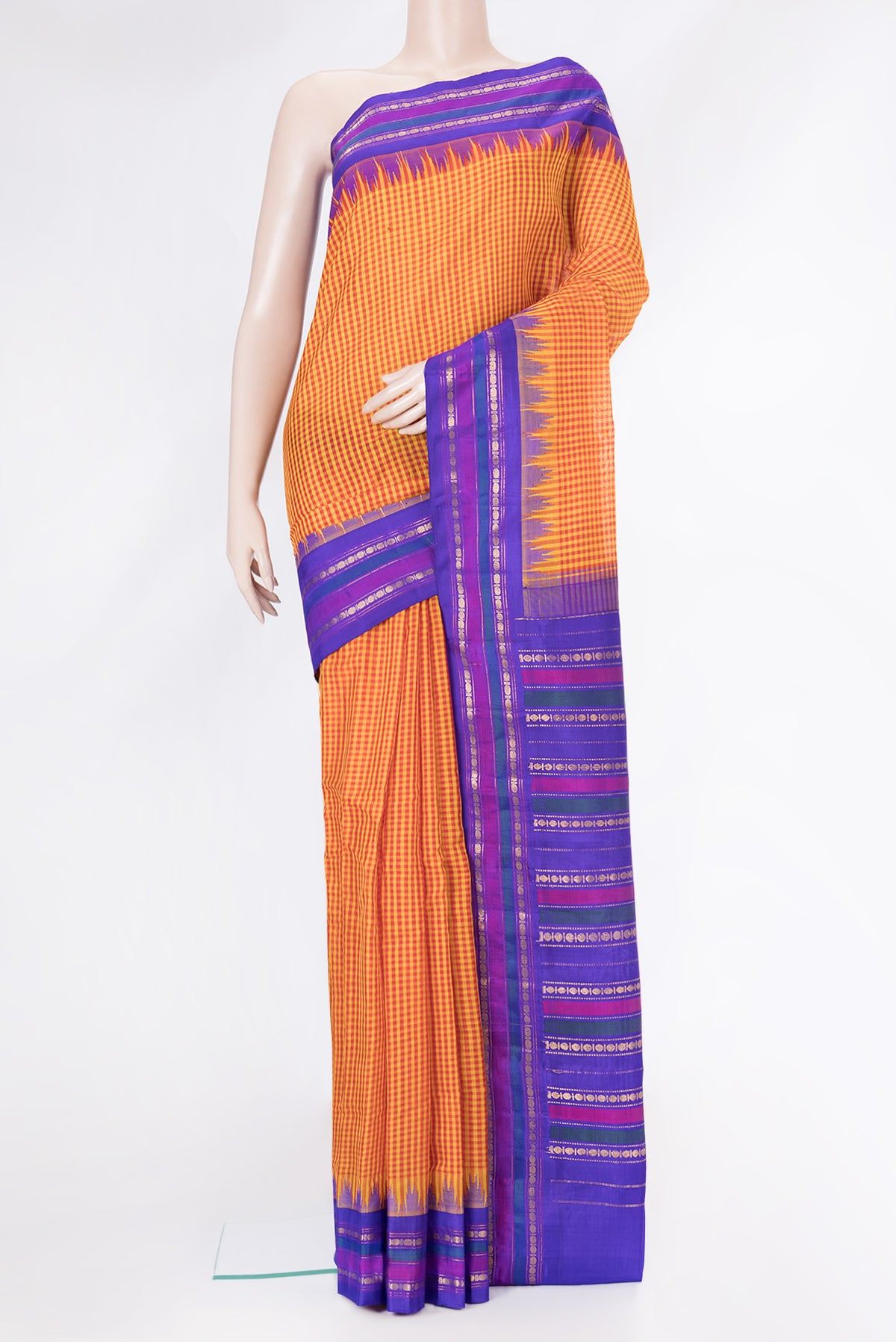 Orange Dual Tone Gadwal Silk Saree with Checked design on the body and Zari Border.  displayed on a mannequin
