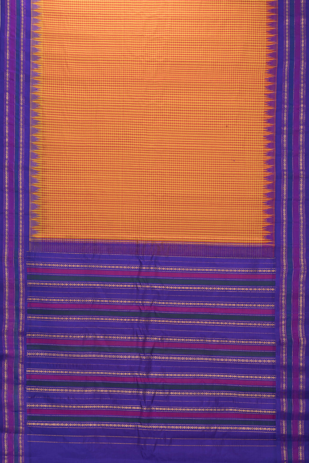 Flat view of Orange Dual Tone Gadwal Silk Saree with Checked design on the body and Zari Border. 
