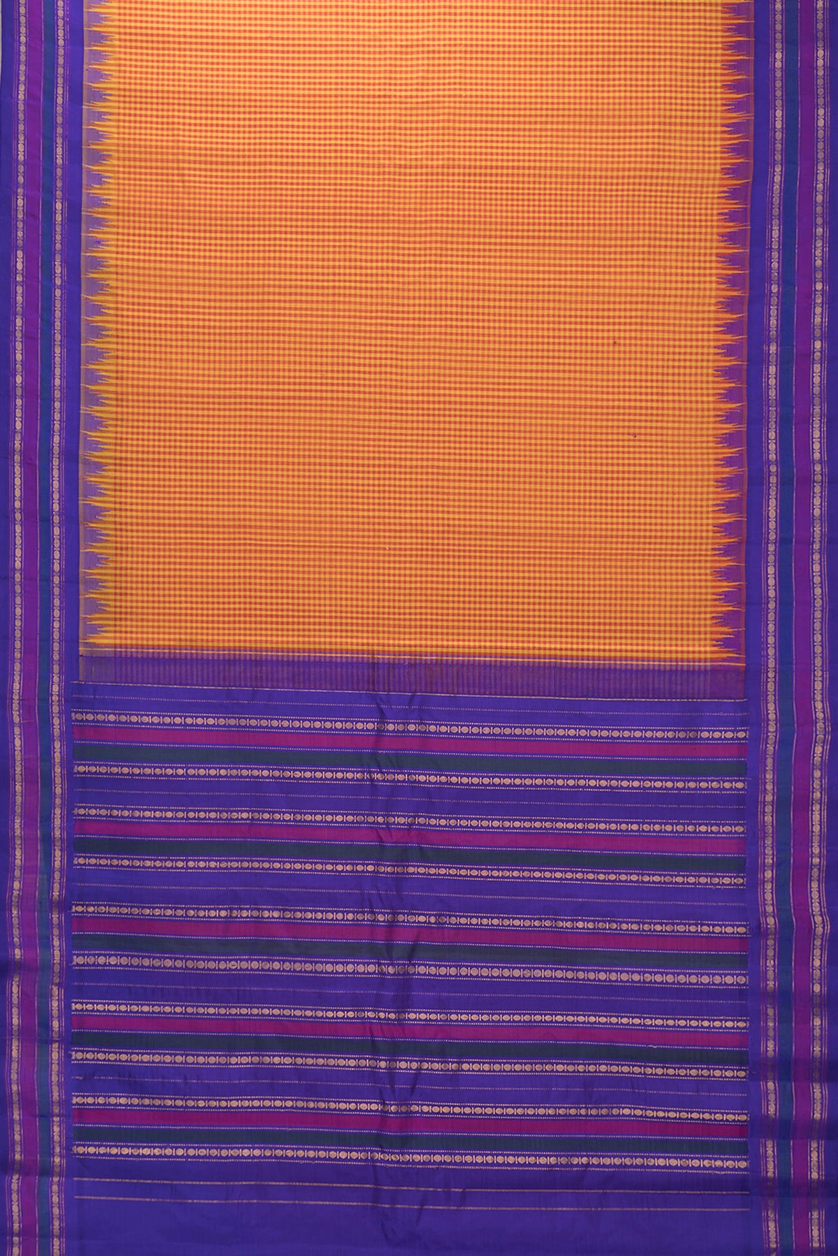 Flat view of Orange Dual Tone Gadwal Silk Saree with Checked design on the body and Zari Border. 