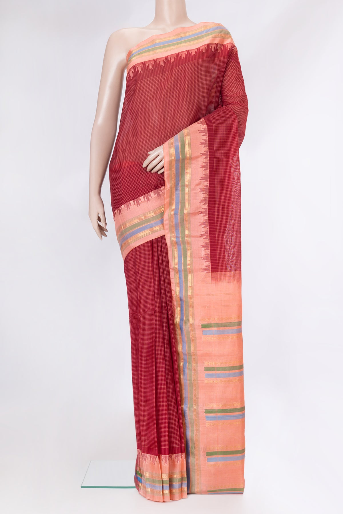 Maroon Dual Tone Gadwal cotton Saree with Checked design on the body and Zari Border.  displayed on a mannequin