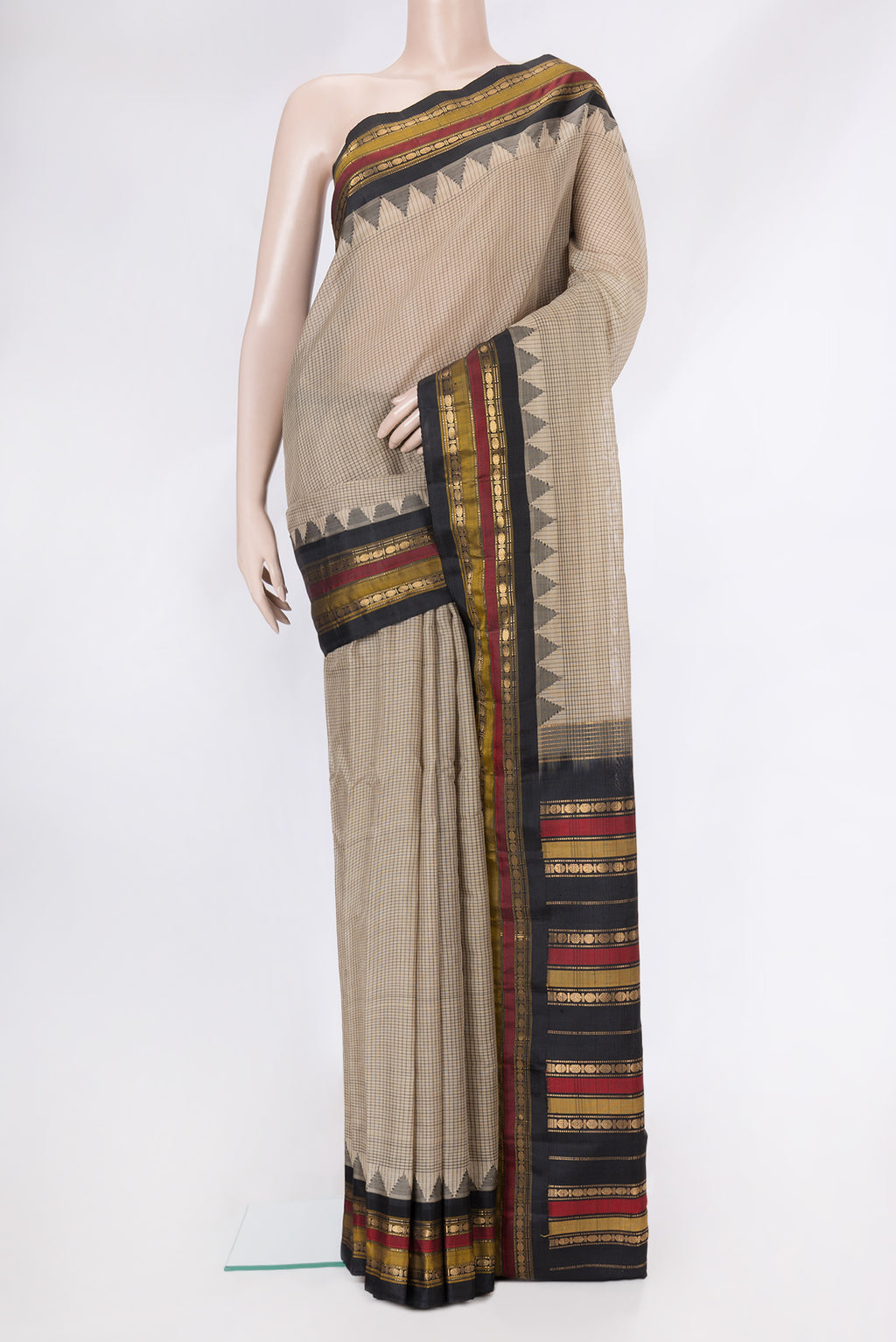 Beige Dual Tone Gadwal Silk Cotton Saree with Checked design on the body and Zari Border.  displayed on a mannequin