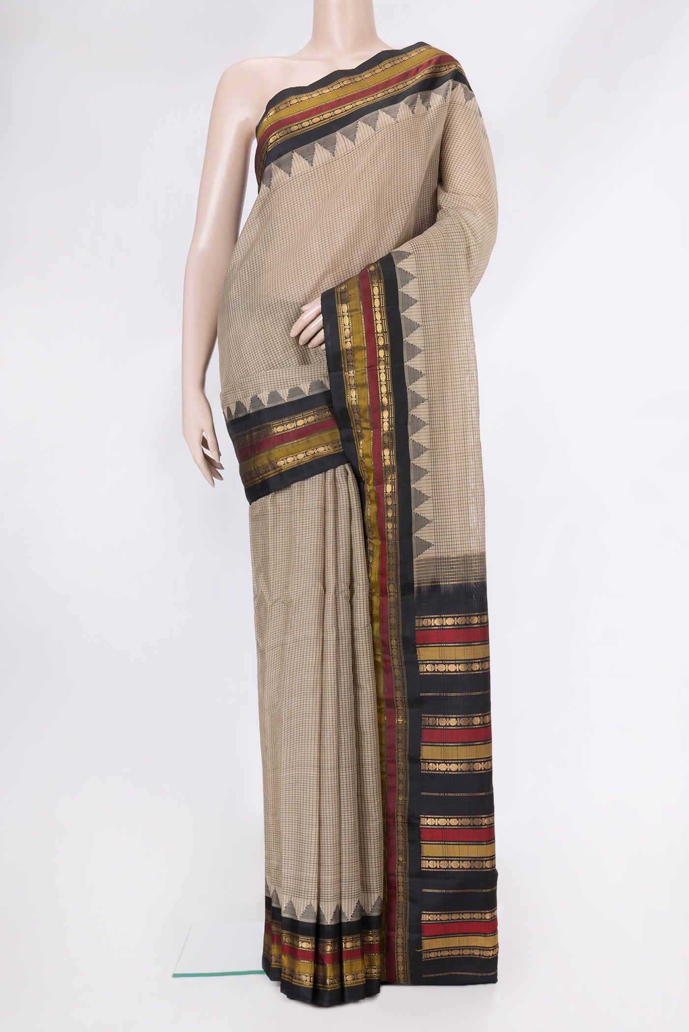 Beige Dual Tone Gadwal Silk Cotton Saree with Checked design on the body and Zari Border.  displayed on a mannequin
