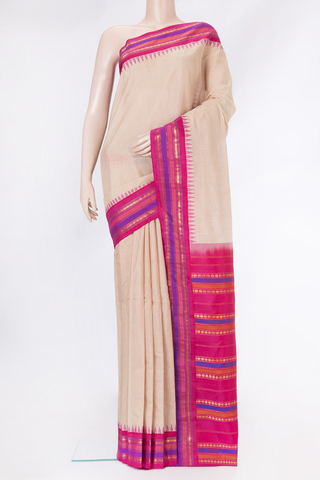 Beige Dual Tone Gadwal Silk Saree with Checked design on the body and Zari Border.  displayed on a mannequin