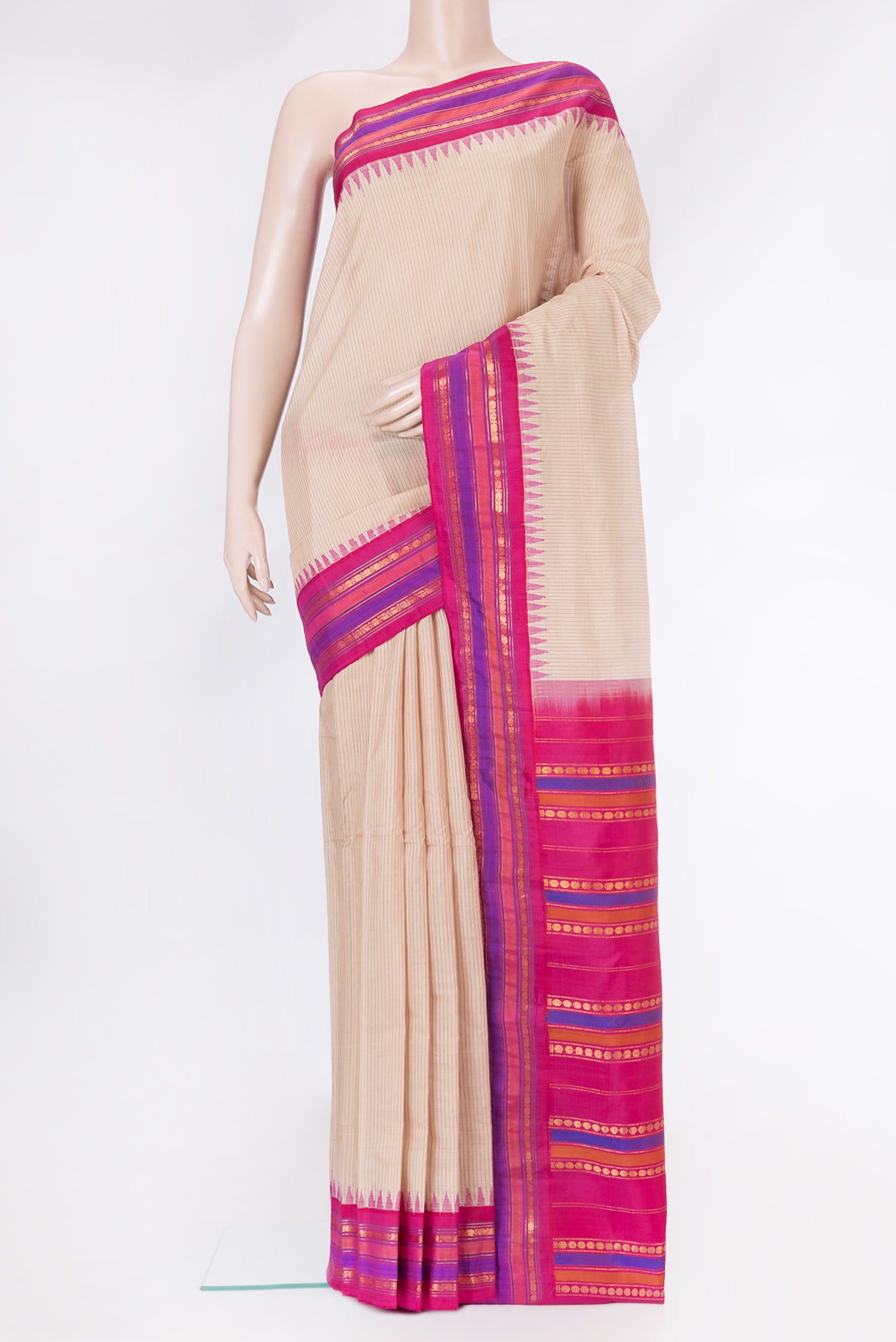 Beige Dual Tone Gadwal Silk Saree with Checked design on the body and Zari Border.  displayed on a mannequin