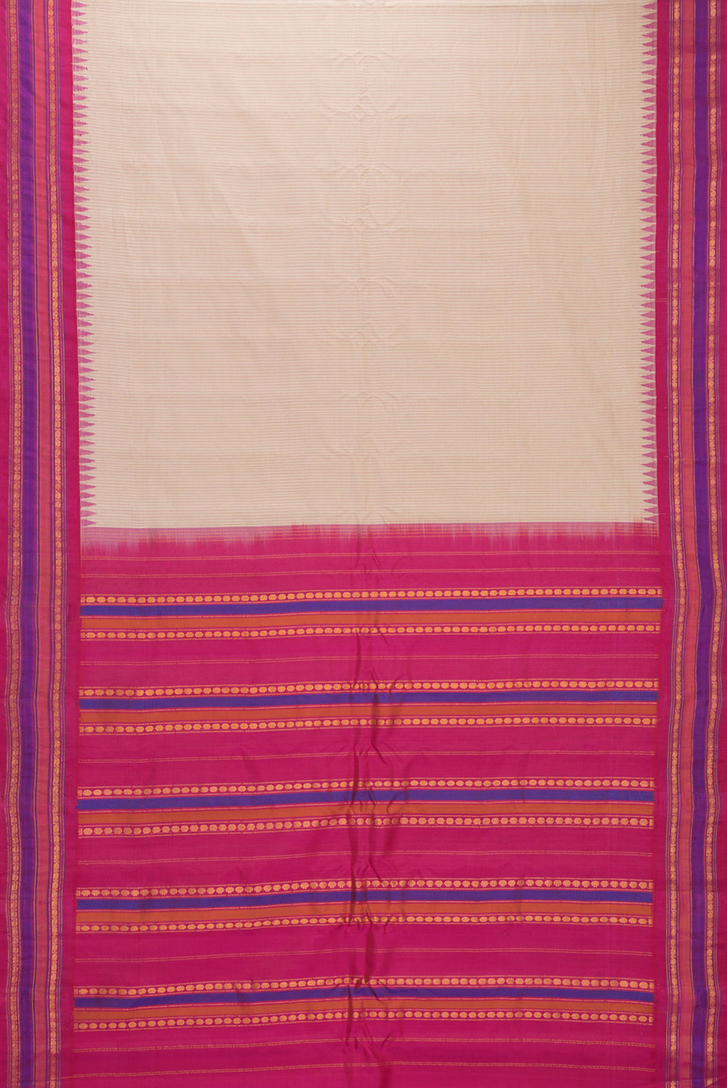 Flat view of Beige Dual Tone Gadwal Silk Saree with Checked design on the body and Zari Border. 