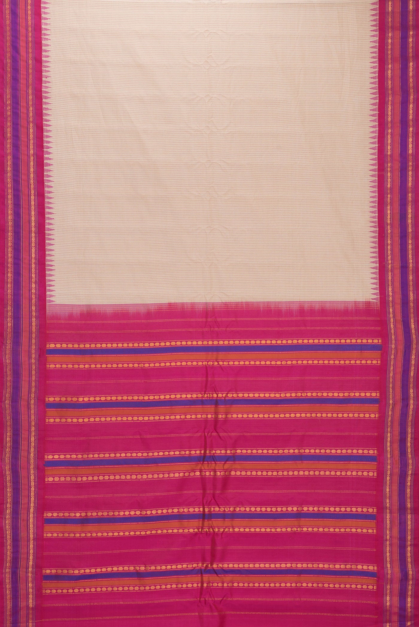Flat view of Beige Dual Tone Gadwal Silk Saree with Checked design on the body and Zari Border. 
