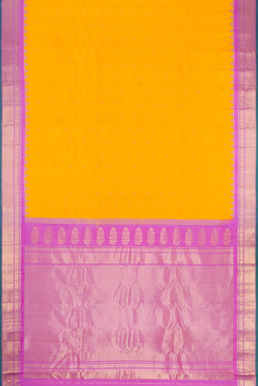Flat view of Mustard Dual Tone Gadwal Silk Saree with Zari Butta on the body and Zari Border. 