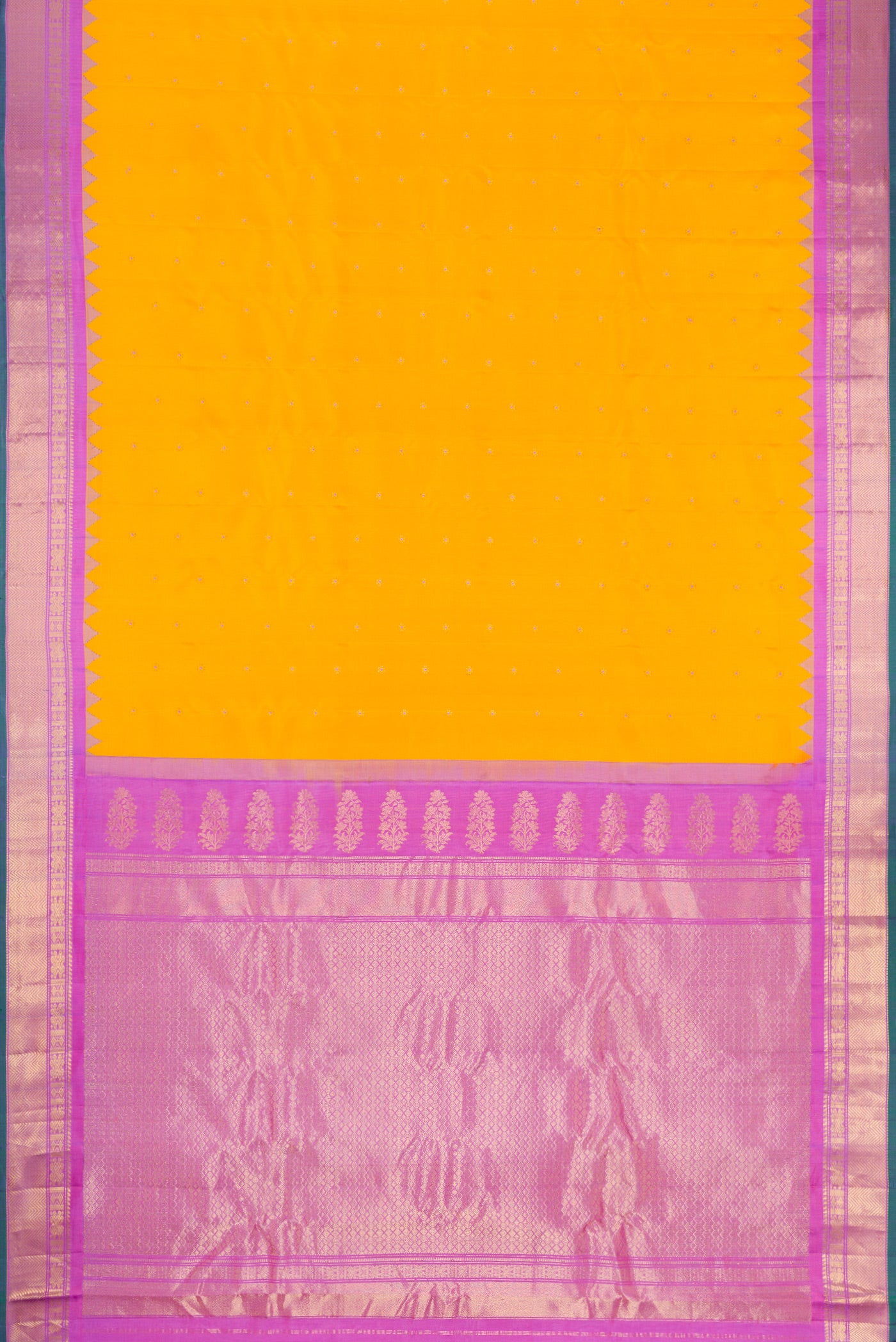 Flat view of Mustard Dual Tone Gadwal Silk Saree with Zari Butta on the body and Zari Border. 