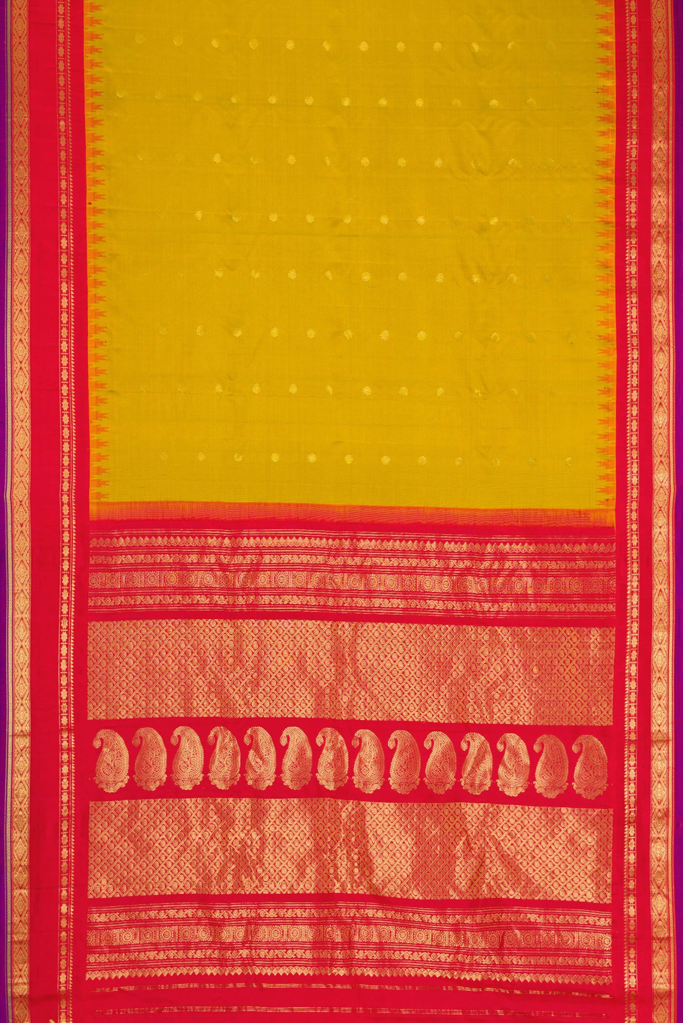 Flat view of Mehandi Green Dual Tone Gadwal Silk Saree with Zari Butta on the body and Zari Border. 