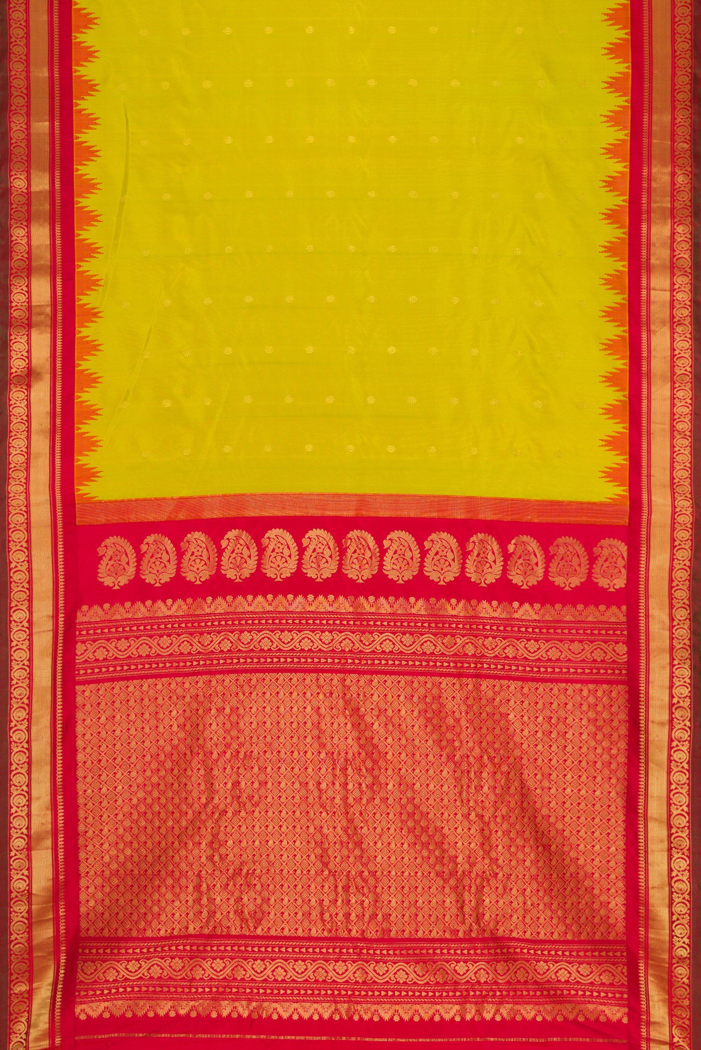 Flat view of Mehandi Green Dual Tone Gadwal Silk Saree with Zari Butta on the body and Zari Border. 