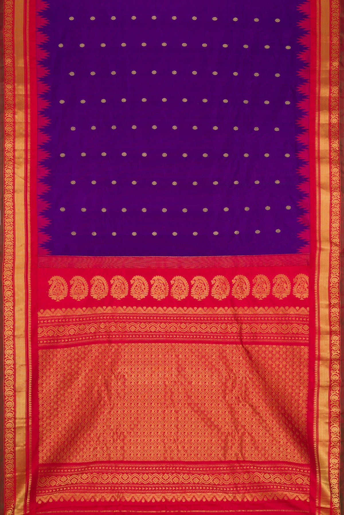 Flat view of Purple Dual Tone Gadwal Silk Saree with Zari Butta on the body and Zari Border. 