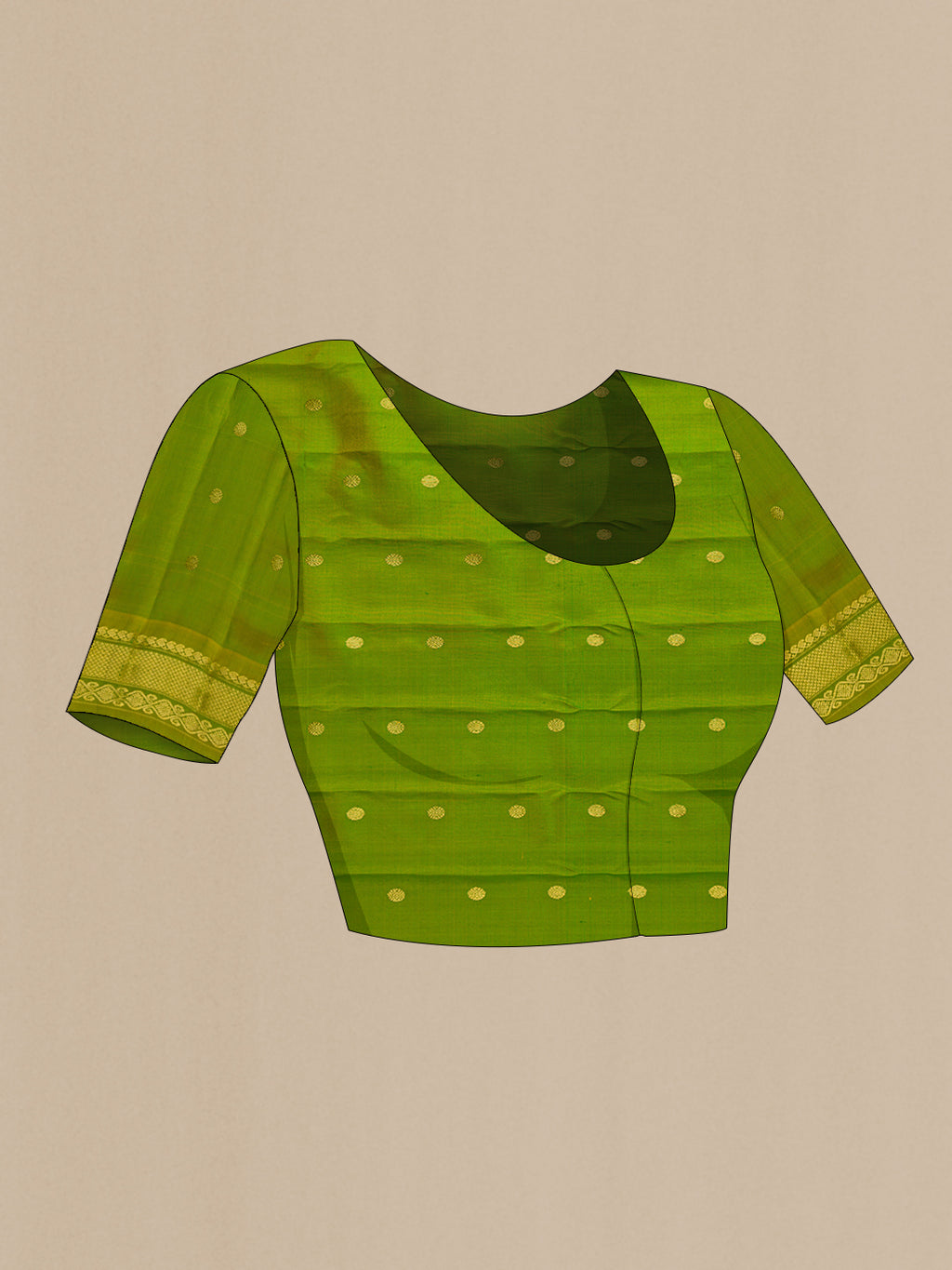 Close up image of the blouse of Green Dual Tone Gadwal Silk Saree with Zari Butta on the body and Zari Border. 
