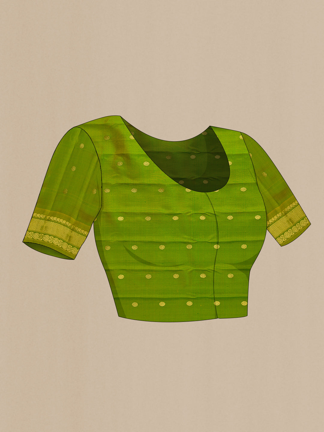 Close up image of the blouse of Green Dual Tone Gadwal Silk Saree with Zari Butta on the body and Zari Border. 