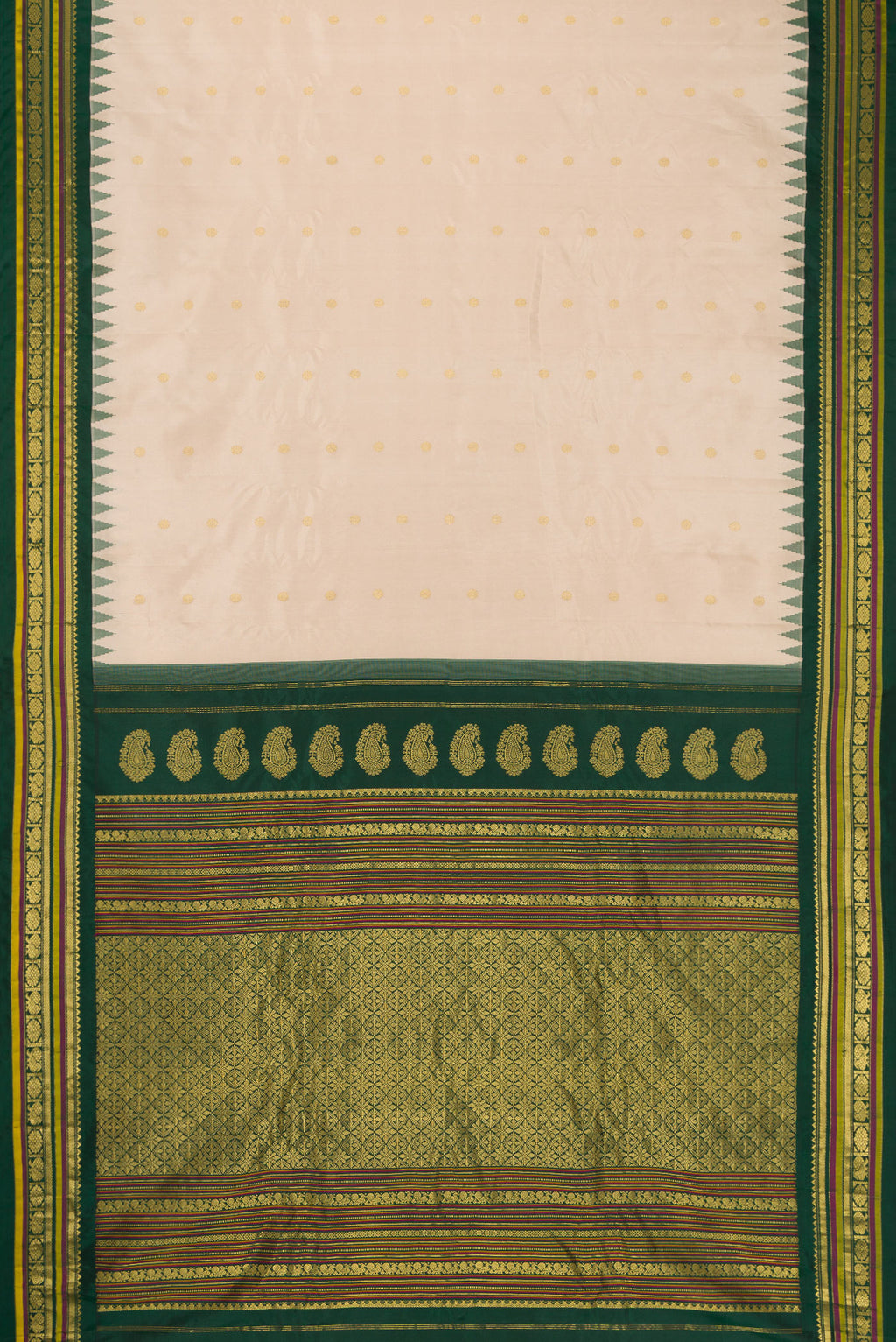 Flat view of Beige Dual Tone Gadwal Silk Saree with Zari Butta on the body and Temple Border. 