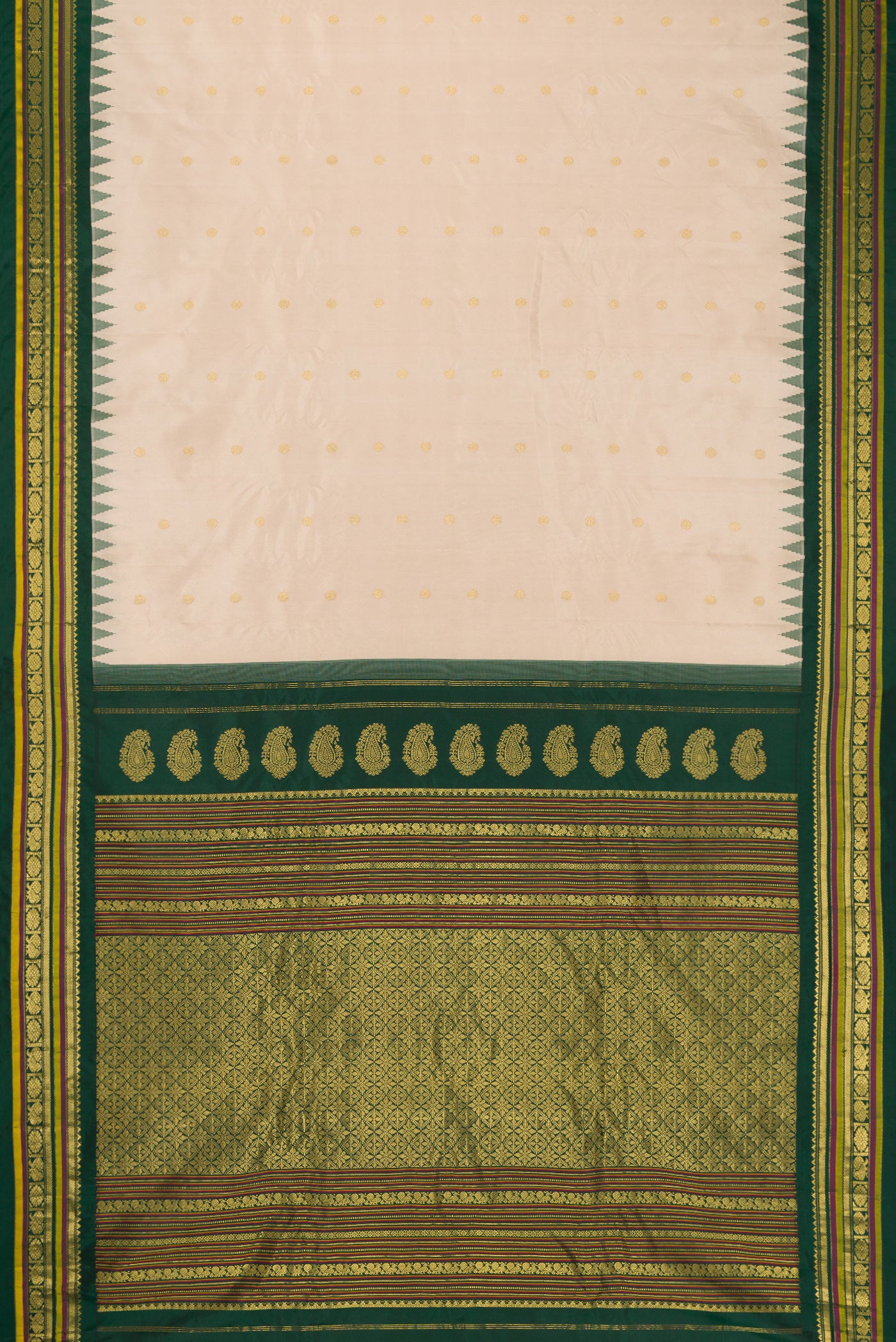 Flat view of Beige Dual Tone Gadwal Silk Saree with Zari Butta on the body and Temple Border. 