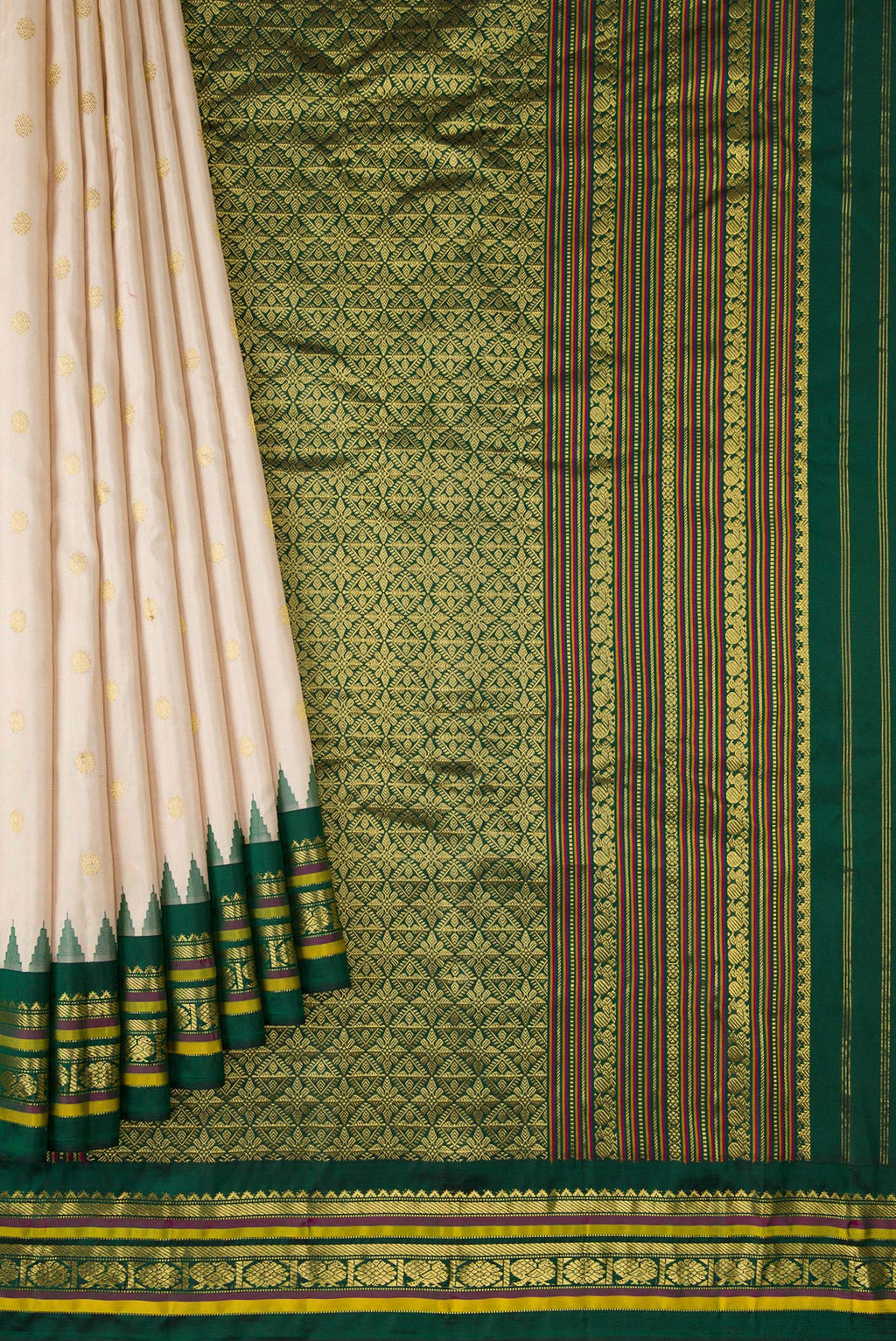 Pleats and pallu of Beige Dual Tone Gadwal Silk Saree with Zari Butta on the body and Temple Border. 