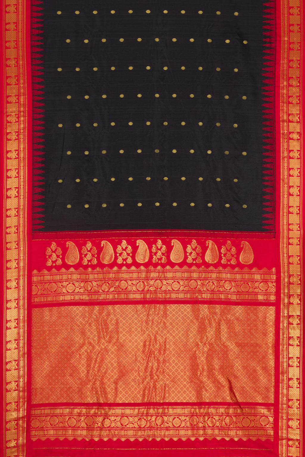 Flat view of Black Dual Tone Gadwal Silk Saree with Zari Butta on the body and Zari Border. 