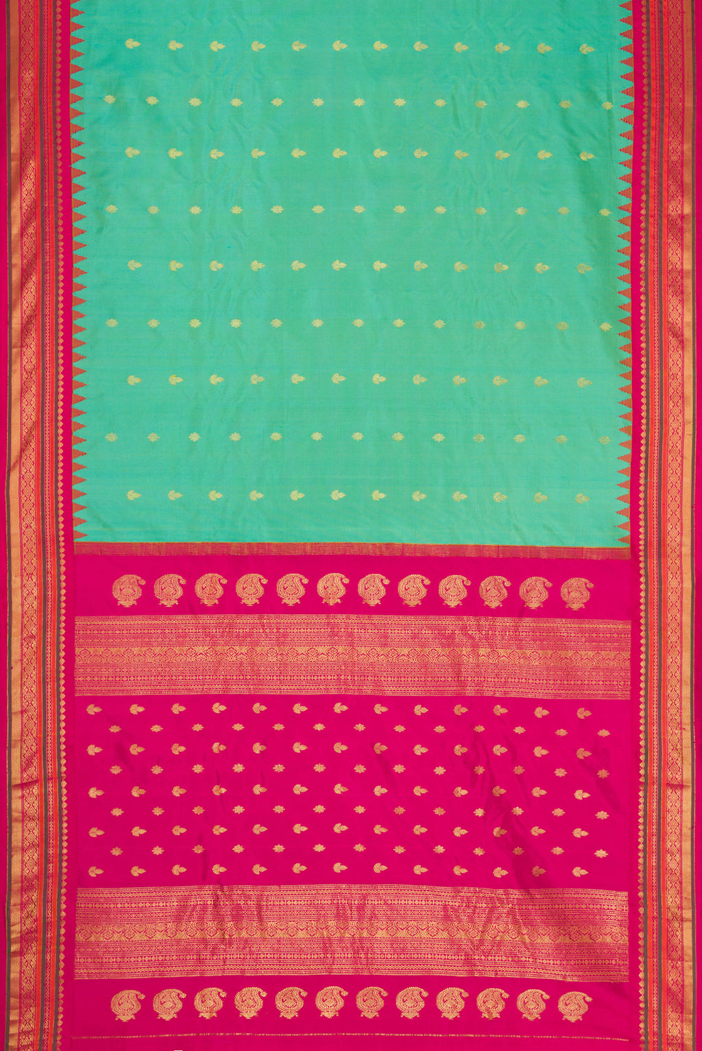 Flat view of Light Green Dual Tone Gadwal Silk Saree with Zari Butta on the body and Zari Border. 