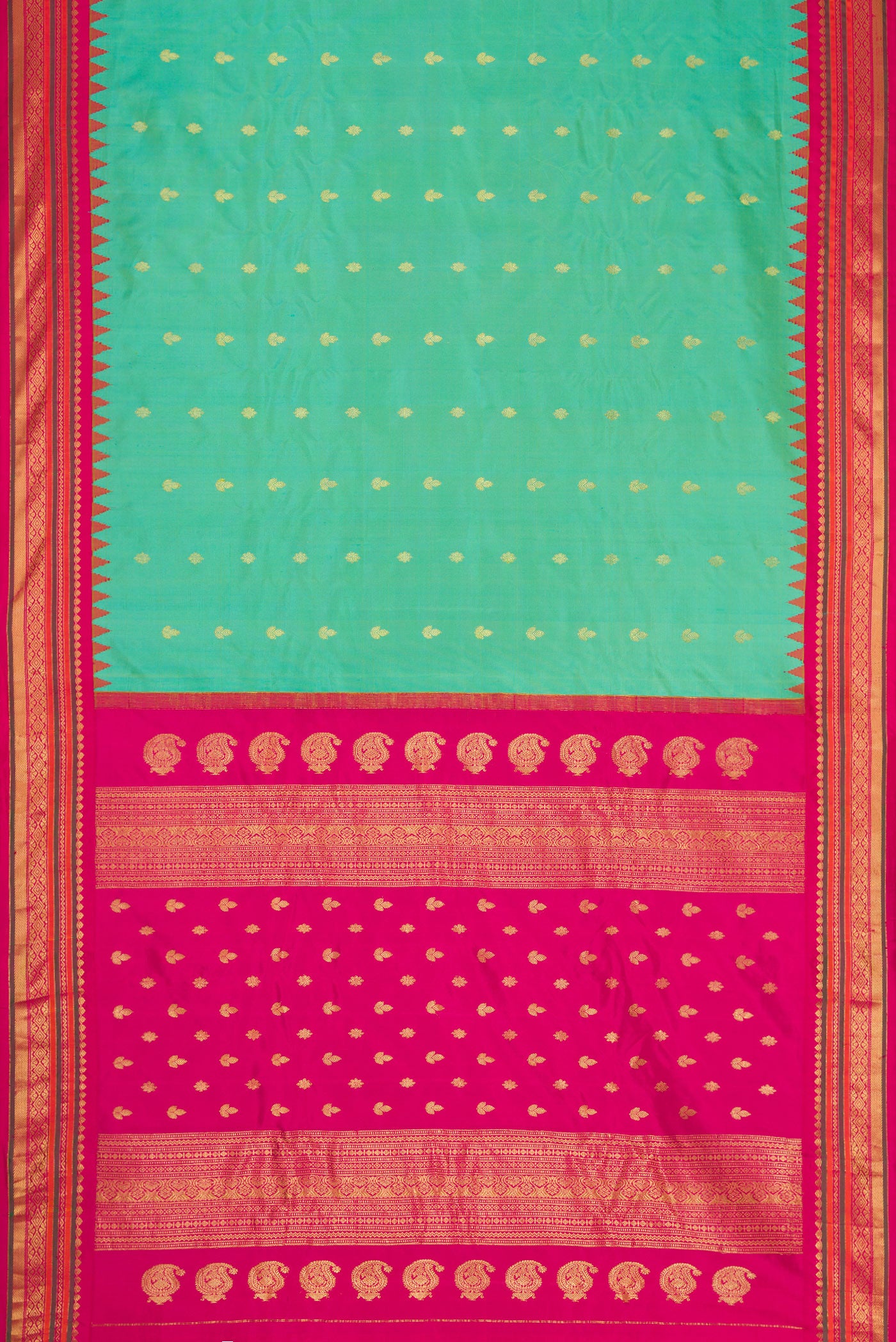 Flat view of Light Green Dual Tone Gadwal Silk Saree with Zari Butta on the body and Zari Border. 