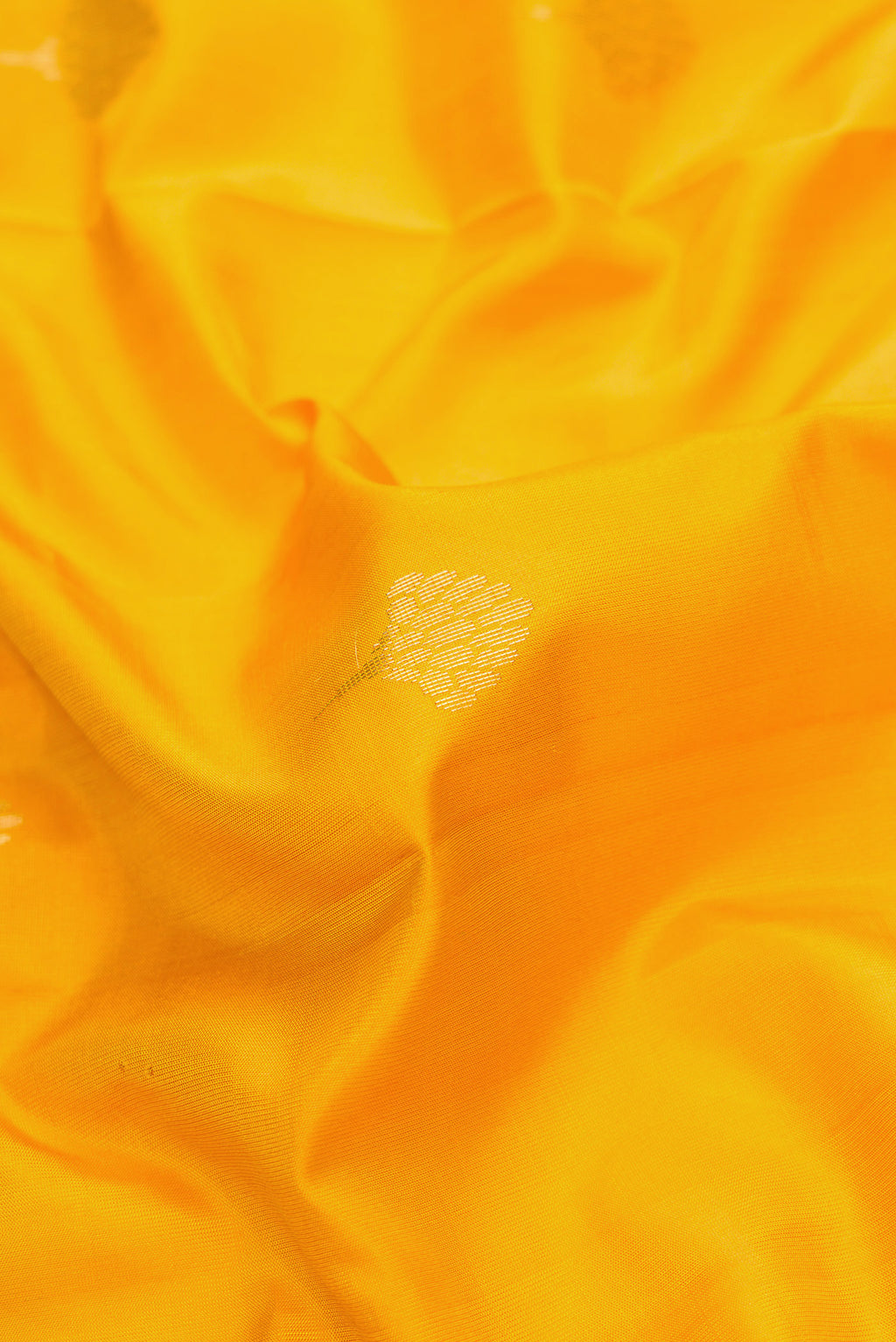 Close up of Yellow Dual Tone Soft Silk Saree with Zari Butta on the body and Zari Border.  displaying folds