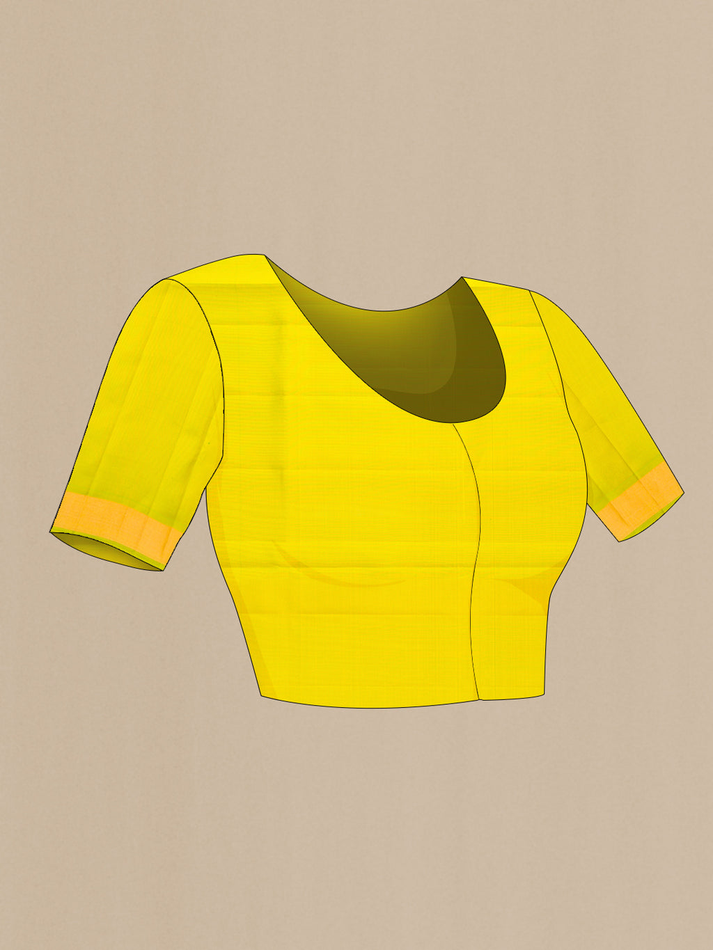 Close up image of the blouse of Yellow Dual Tone Soft Silk Saree with Zari Butta on the body and Zari Border. 