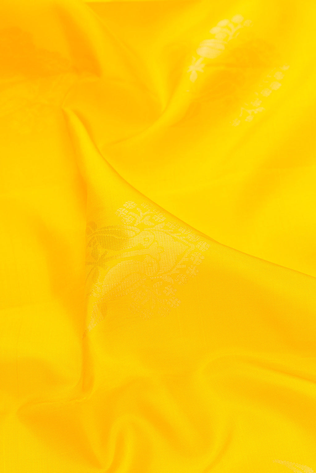 Close up of Yellow Dual Tone Soft Silk Saree with Zari Butta on the body and Zari Border.  displaying folds