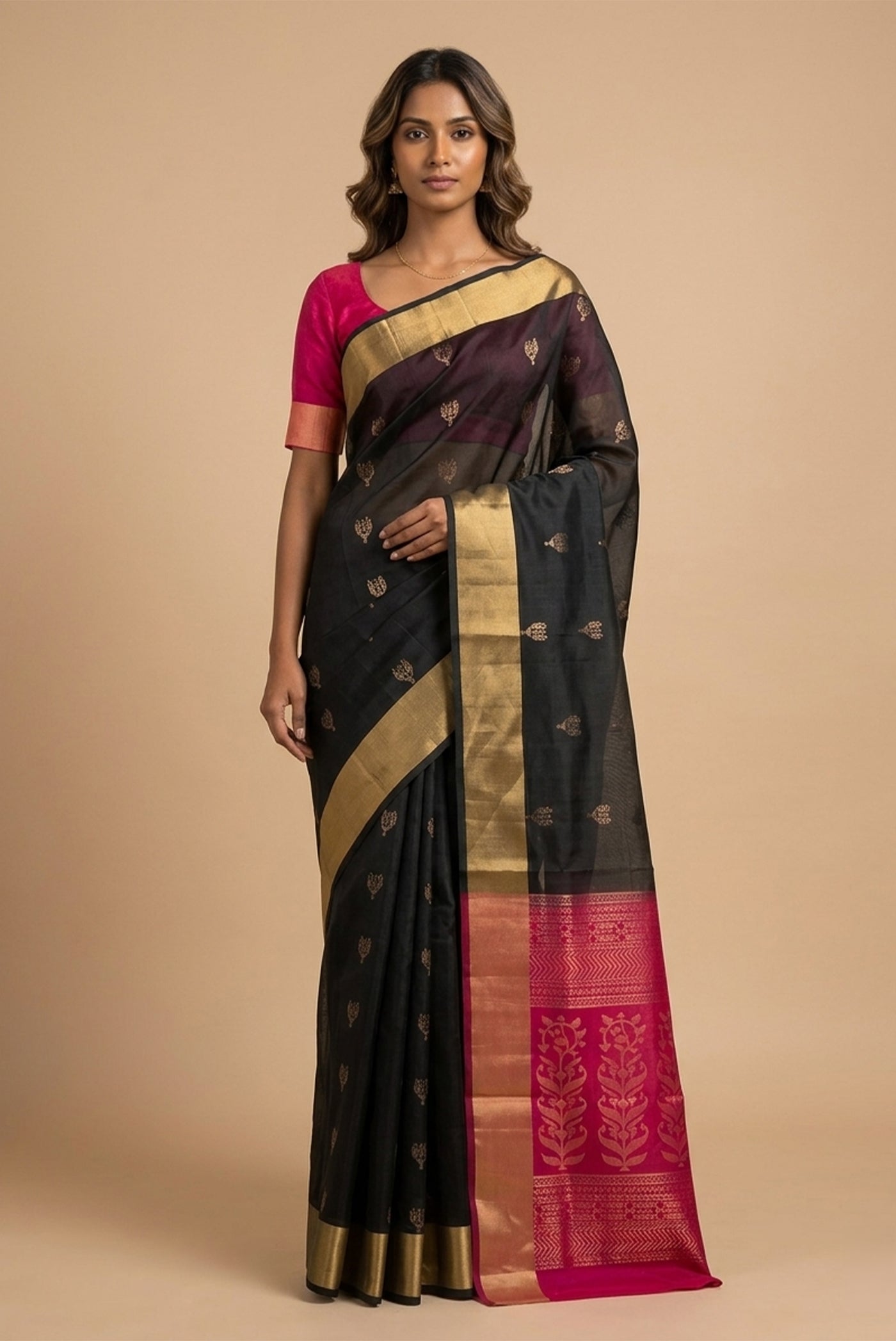 Model wearing a Black Soft Silk Saree with Zari Butta on the body and Zari Border.