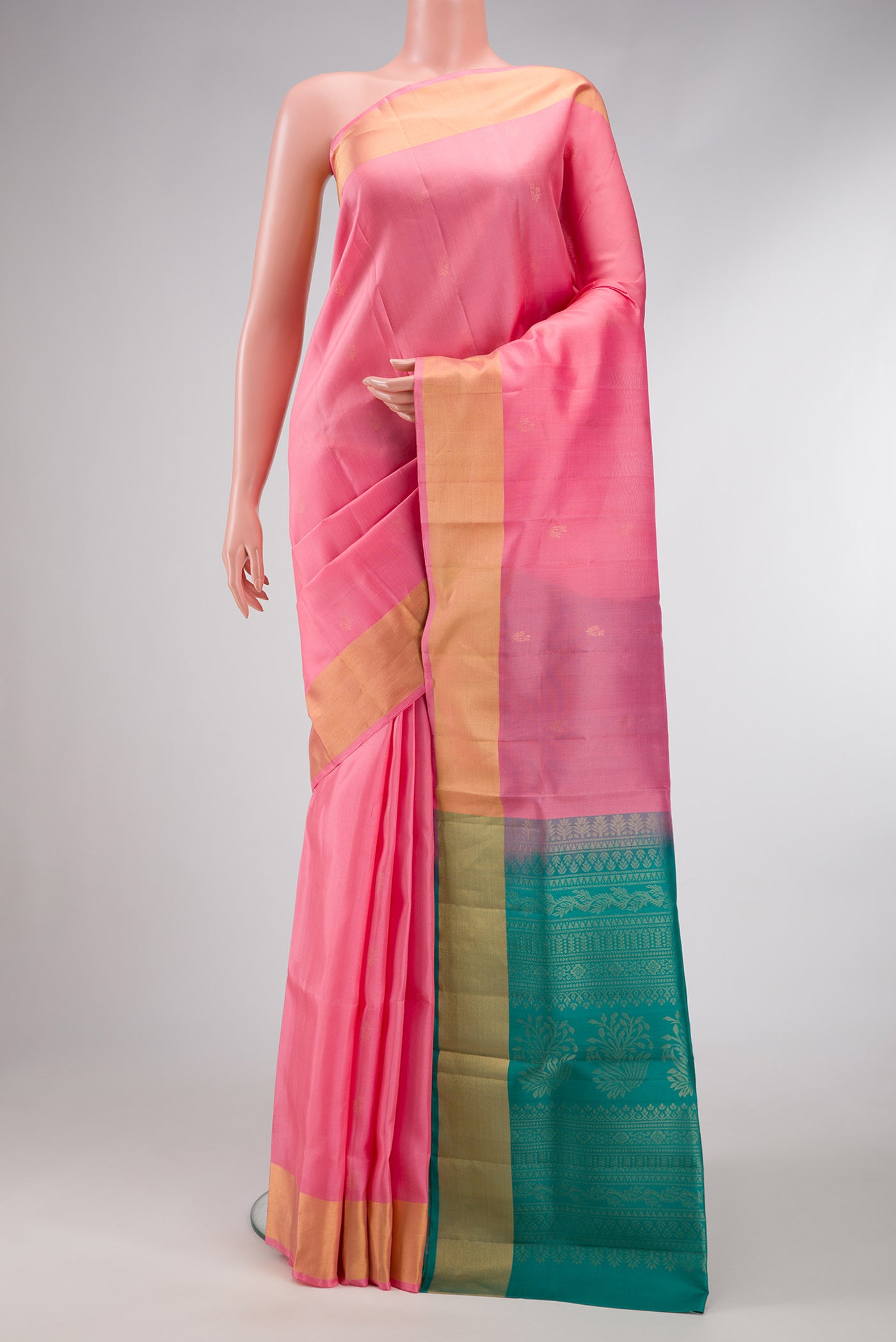 Pink Dual Tone Soft Silk Saree with Zari Butta on the body and Zari Border.  displayed on a mannequin