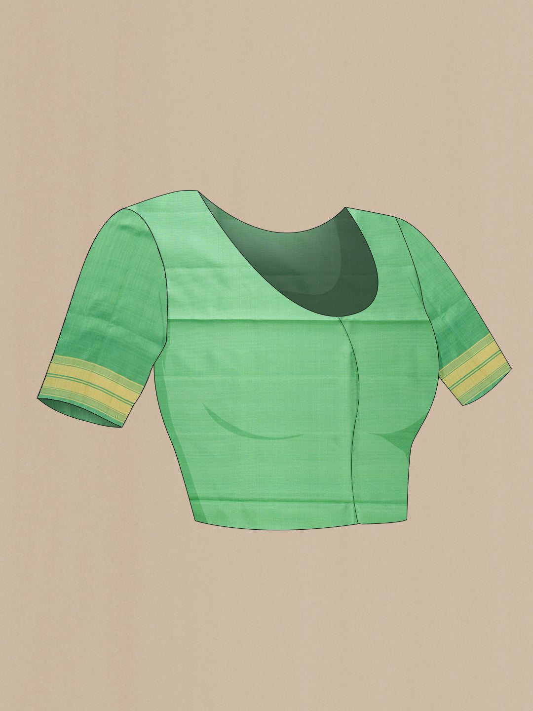 Close up image of the blouse of Pista Green Dual Tone Soft Silk Saree with Zari Butta on the body and Zari Border. 