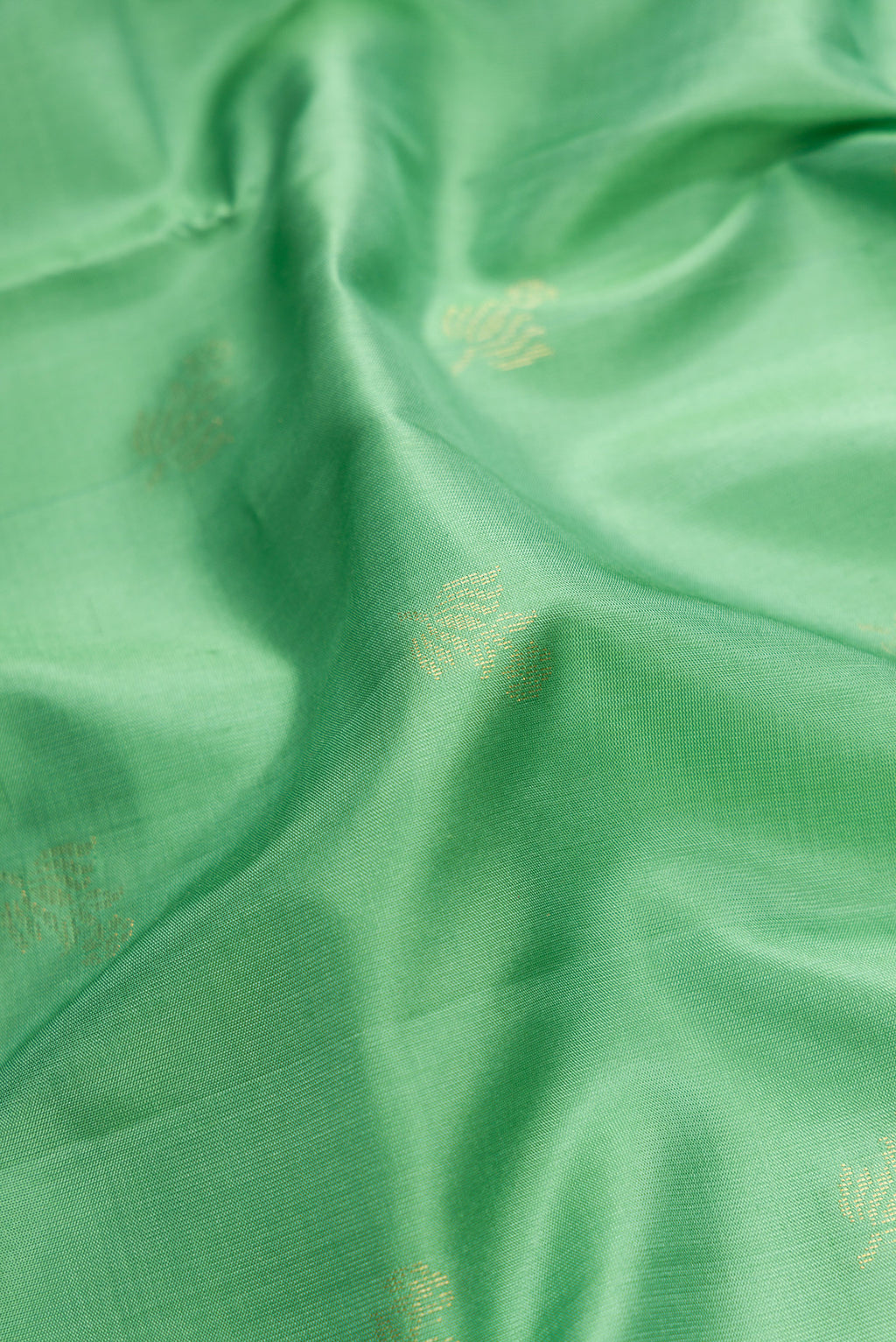 Close up of Pista Green Dual Tone Soft Silk Saree with Zari Butta on the body and Zari Border.  displaying folds