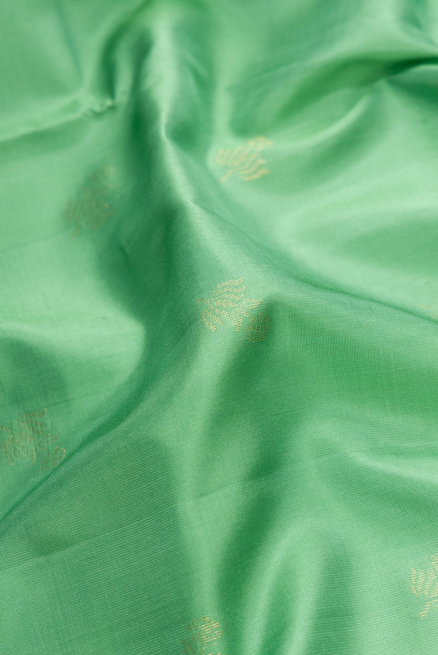 Close up of Pista Green Dual Tone Soft Silk Saree with Zari Butta on the body and Zari Border.  displaying folds