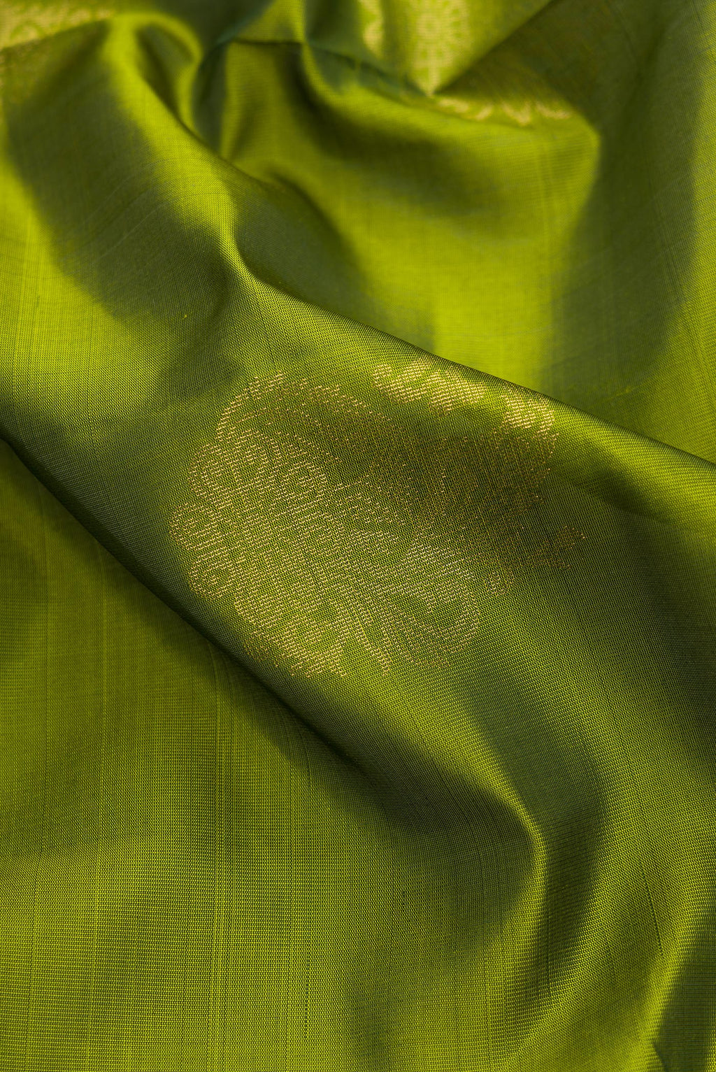 Close up of Green Dual Tone Soft Silk Saree with Zari Butta on the body and Zari Border.  displaying folds