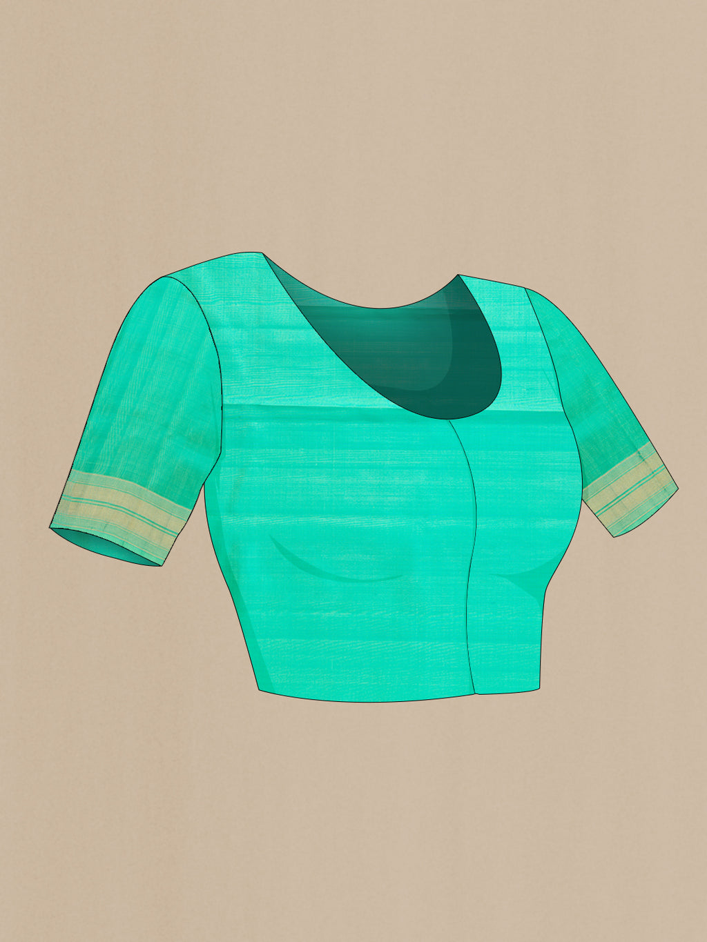 Close up image of the blouse of Sea Green Dual Tone Soft Silk Saree with Zari Butta on the body and Zari Border. 