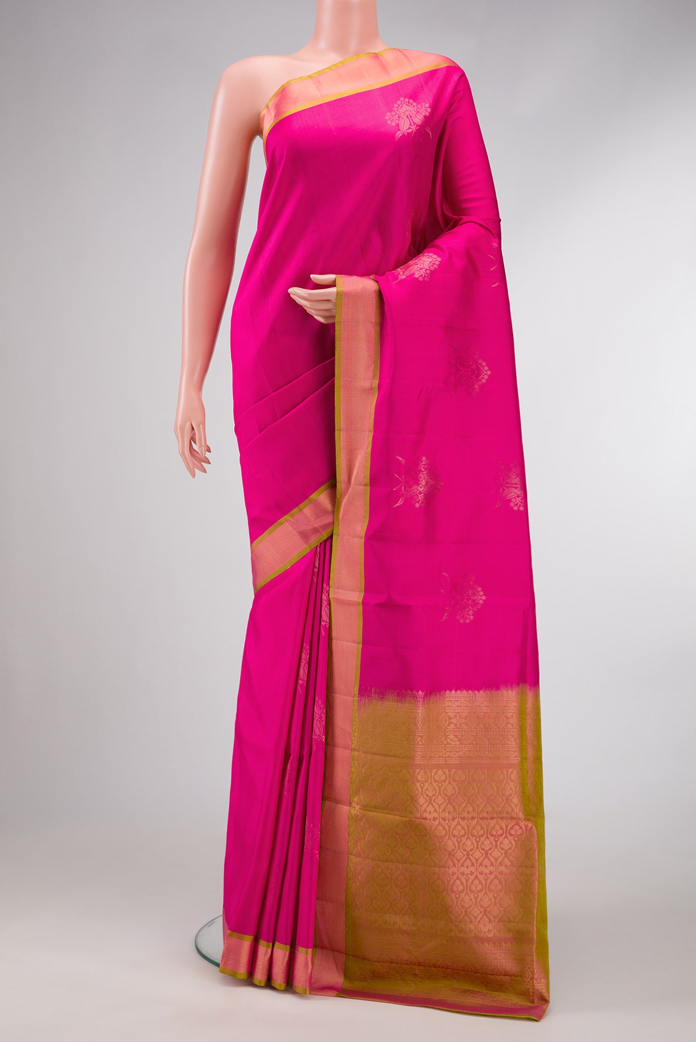 Pink Dual Tone Soft Silk Saree with Zari Butta on the body and Zari Border.  displayed on a mannequin