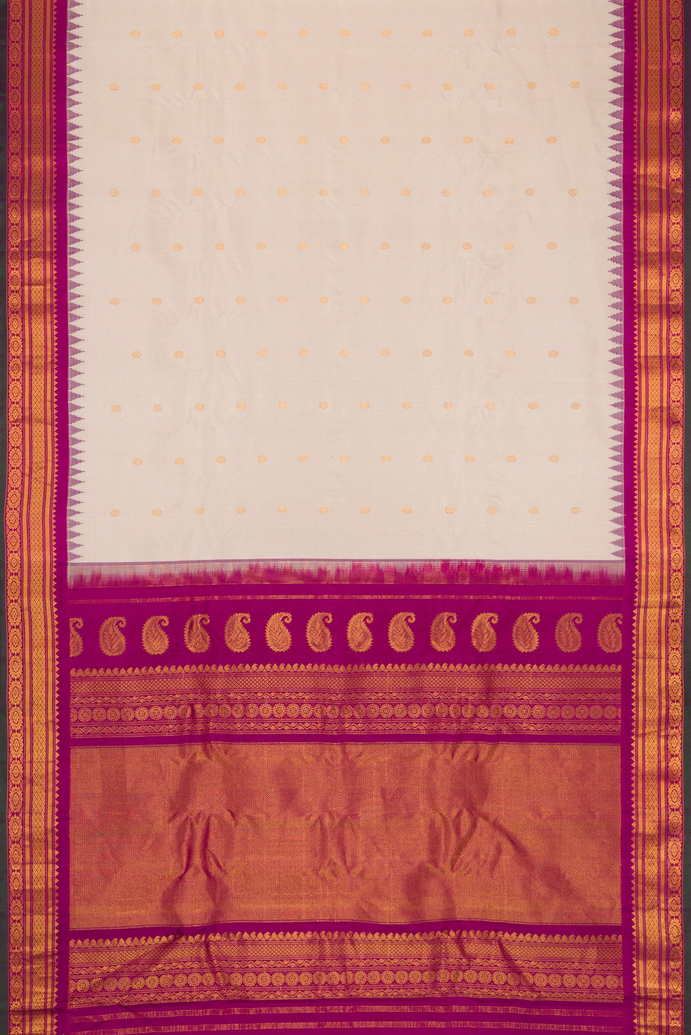 Flat view of Dark Beige Dual Tone Gadwal Silk Saree with Zari Butta on the body and Zari Border. 
