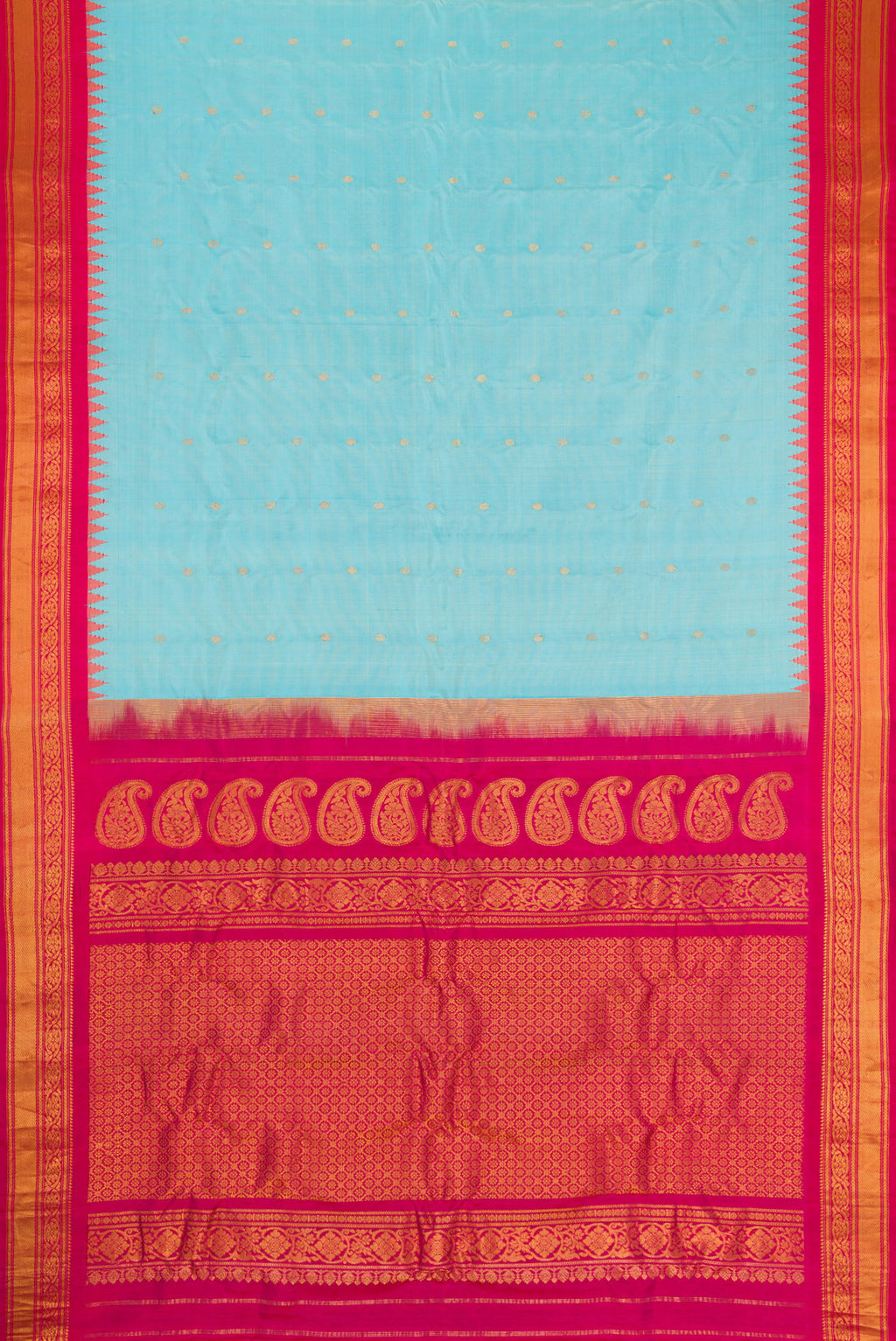 Flat view of Sky Blue Dual Tone Gadwal Silk Saree with Zari Butta on the body and Zari Border. 