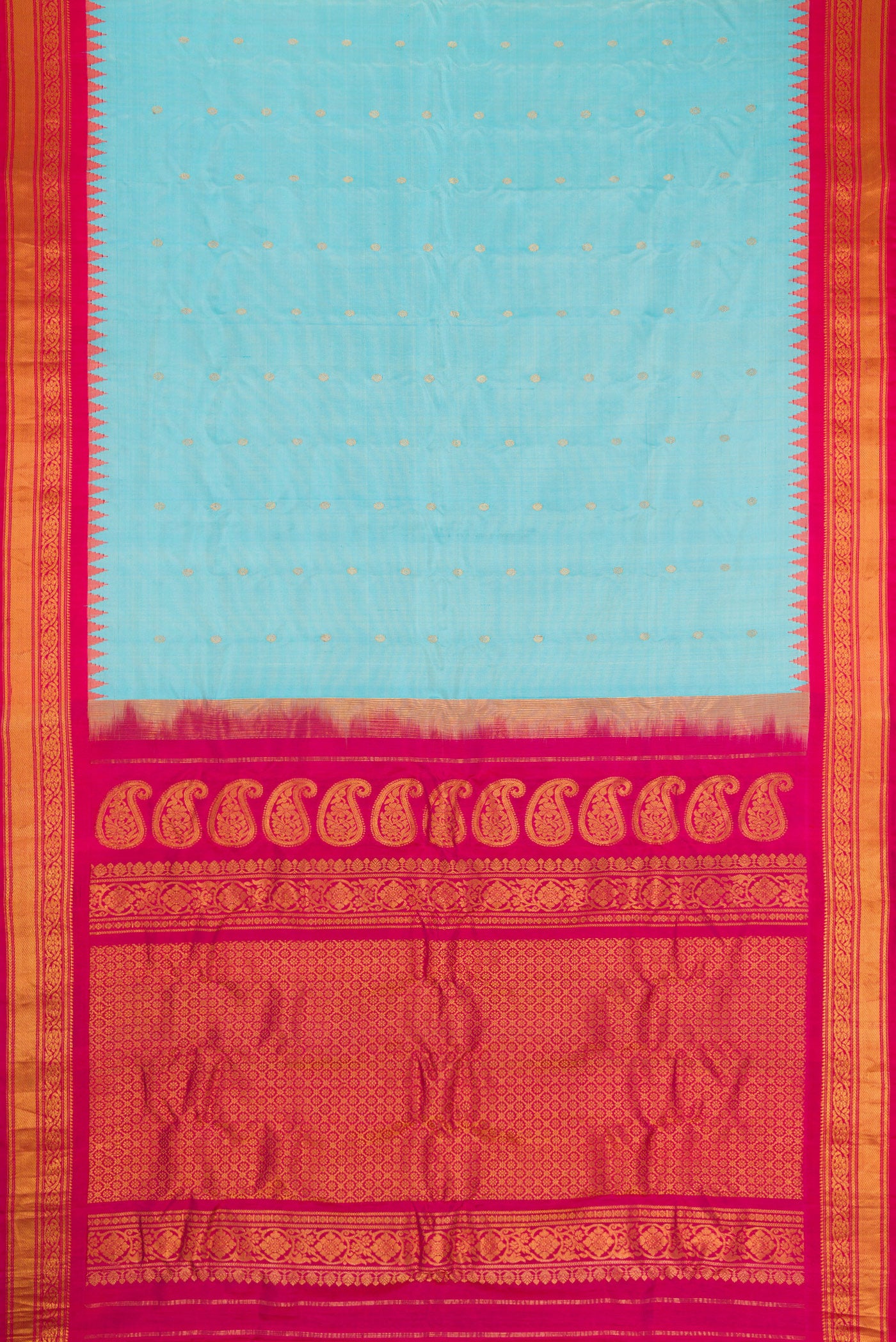 Flat view of Sky Blue Dual Tone Gadwal Silk Saree with Zari Butta on the body and Zari Border. 