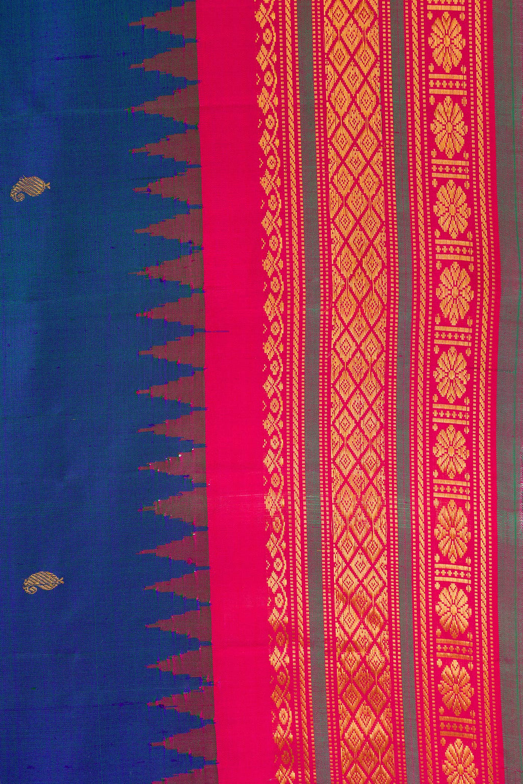Border image of Peacock Blue Dual Tone Gadwal Silk Saree with Zari And Thread Butta on the body and Zari Border. 