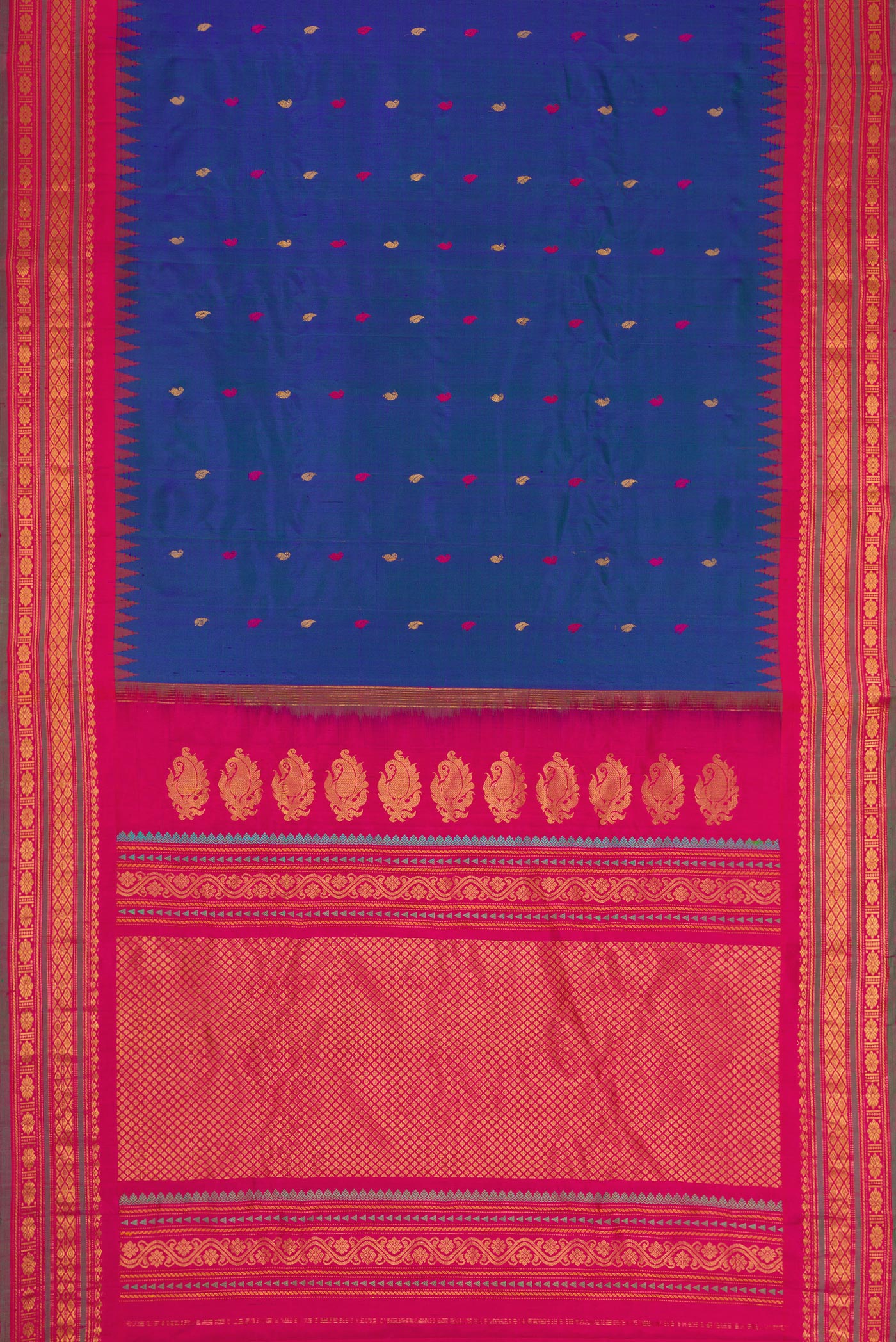 Flat view of Peacock Blue Dual Tone Gadwal Silk Saree with Zari And Thread Butta on the body and Zari Border. 