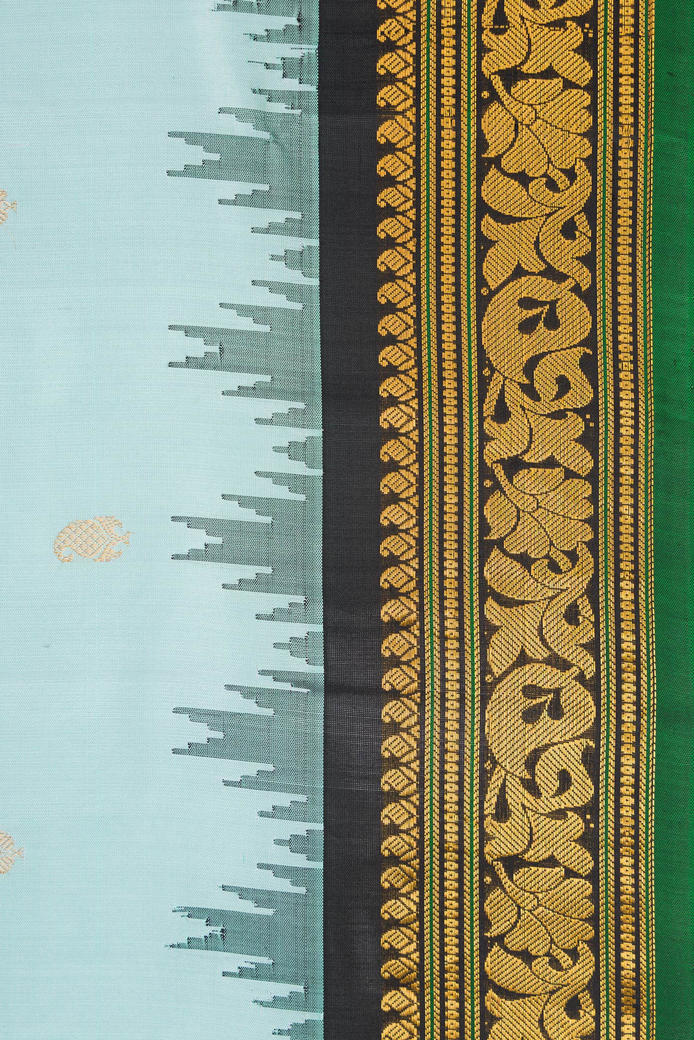 Border image of Light Blue Dual Tone Gadwal Silk Saree with Zari And Thread Butta on the body and Temple Border. 
