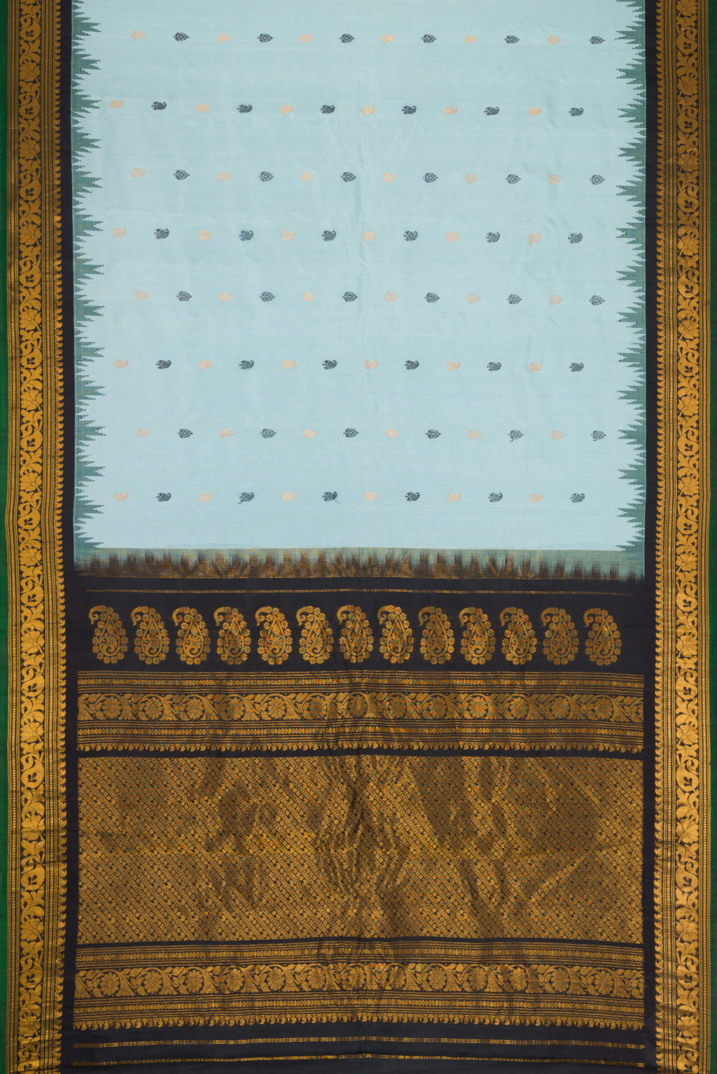 Flat view of Light Blue Dual Tone Gadwal Silk Saree with Zari And Thread Butta on the body and Temple Border. 