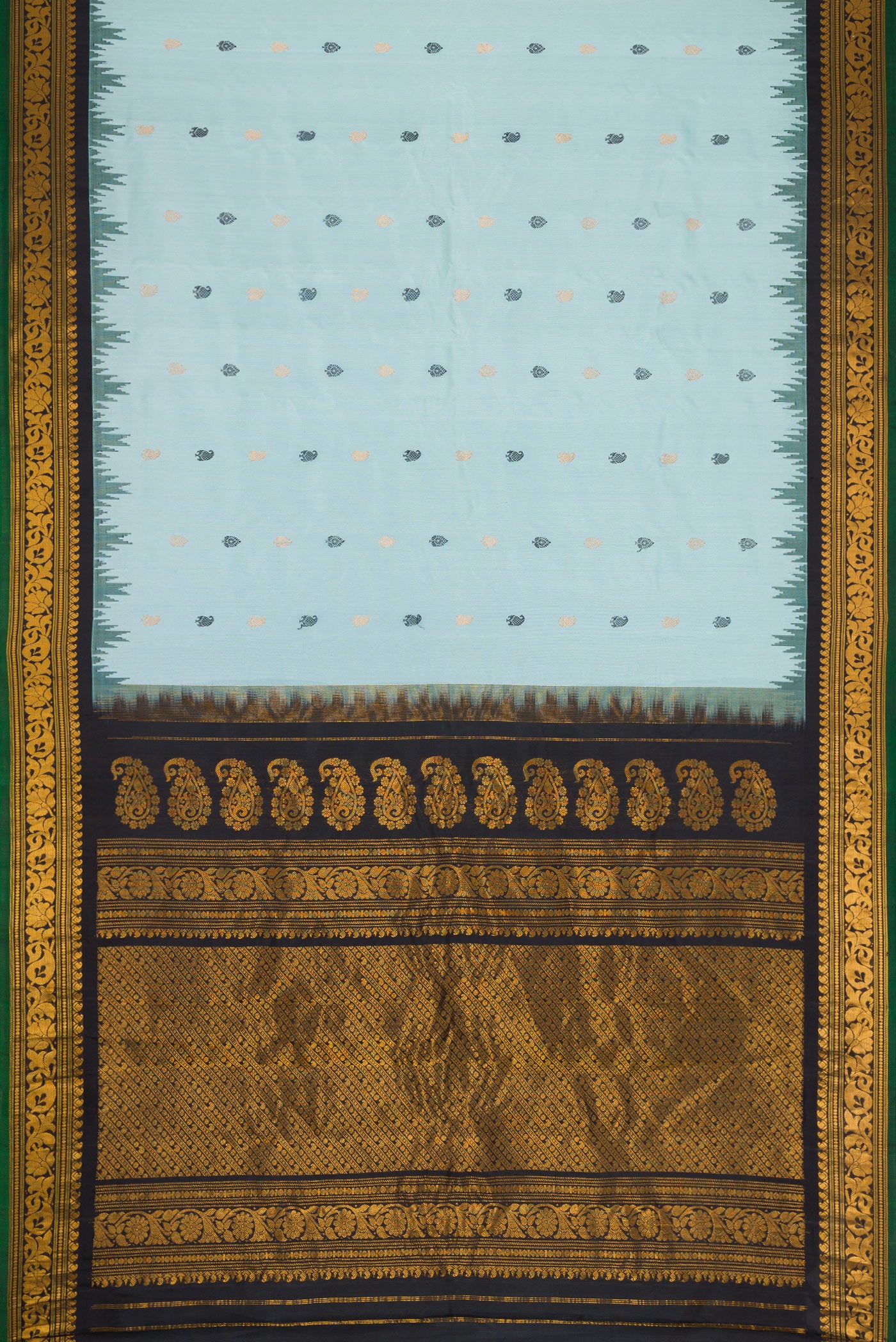 Flat view of Light Blue Dual Tone Gadwal Silk Saree with Zari And Thread Butta on the body and Temple Border. 