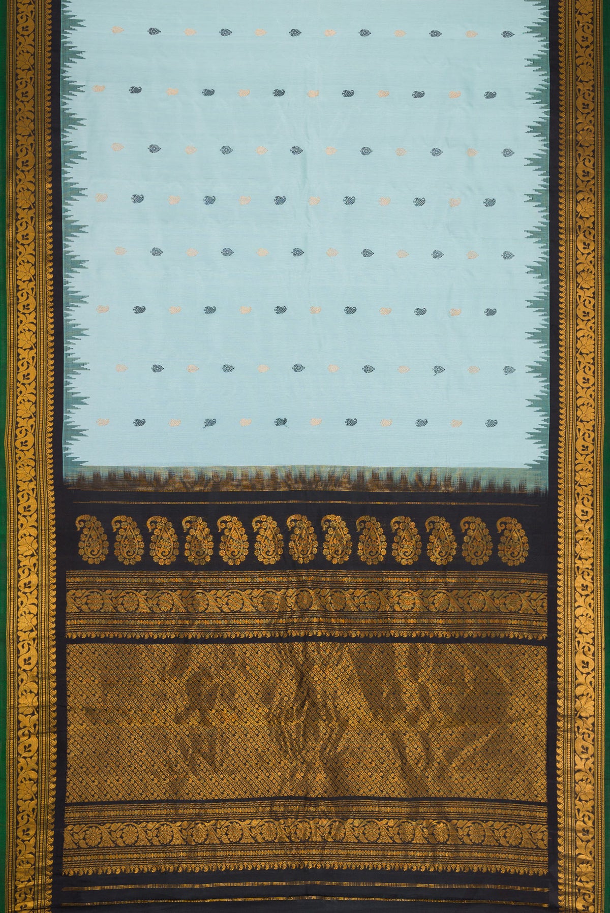 Flat view of Light Blue Dual Tone Gadwal Silk Saree with Zari And Thread Butta on the body and Temple Border. 
