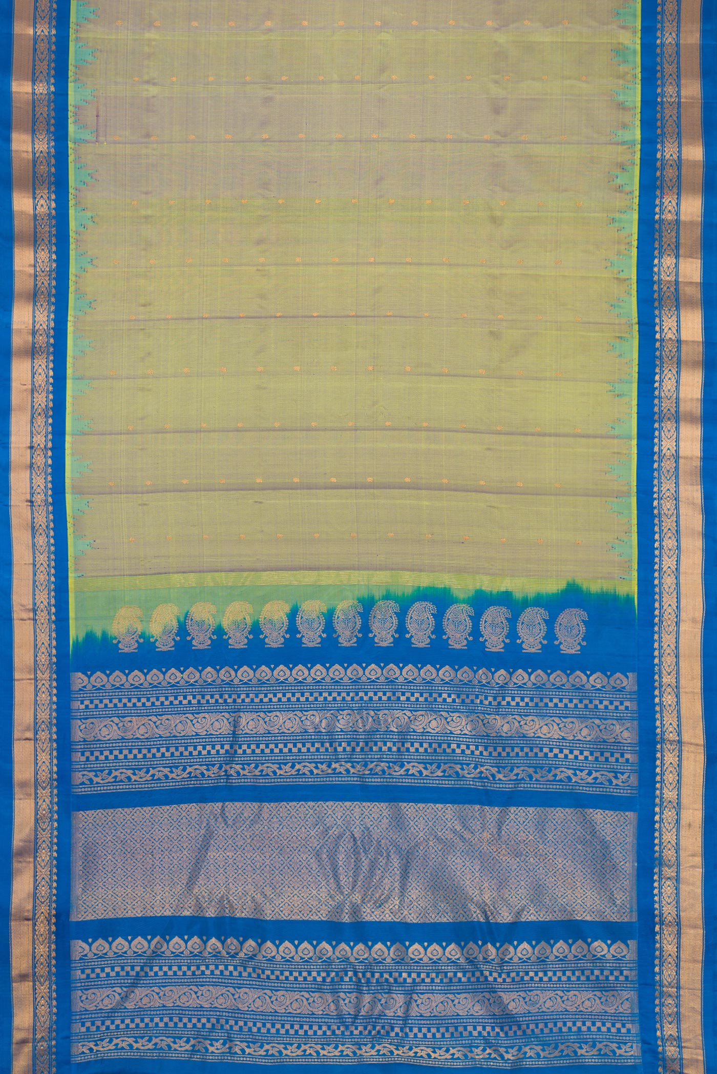 Flat view of Mehandi Green Dual Tone Gadwal Silk Saree with Zari Butta on the body and Zari Border. 